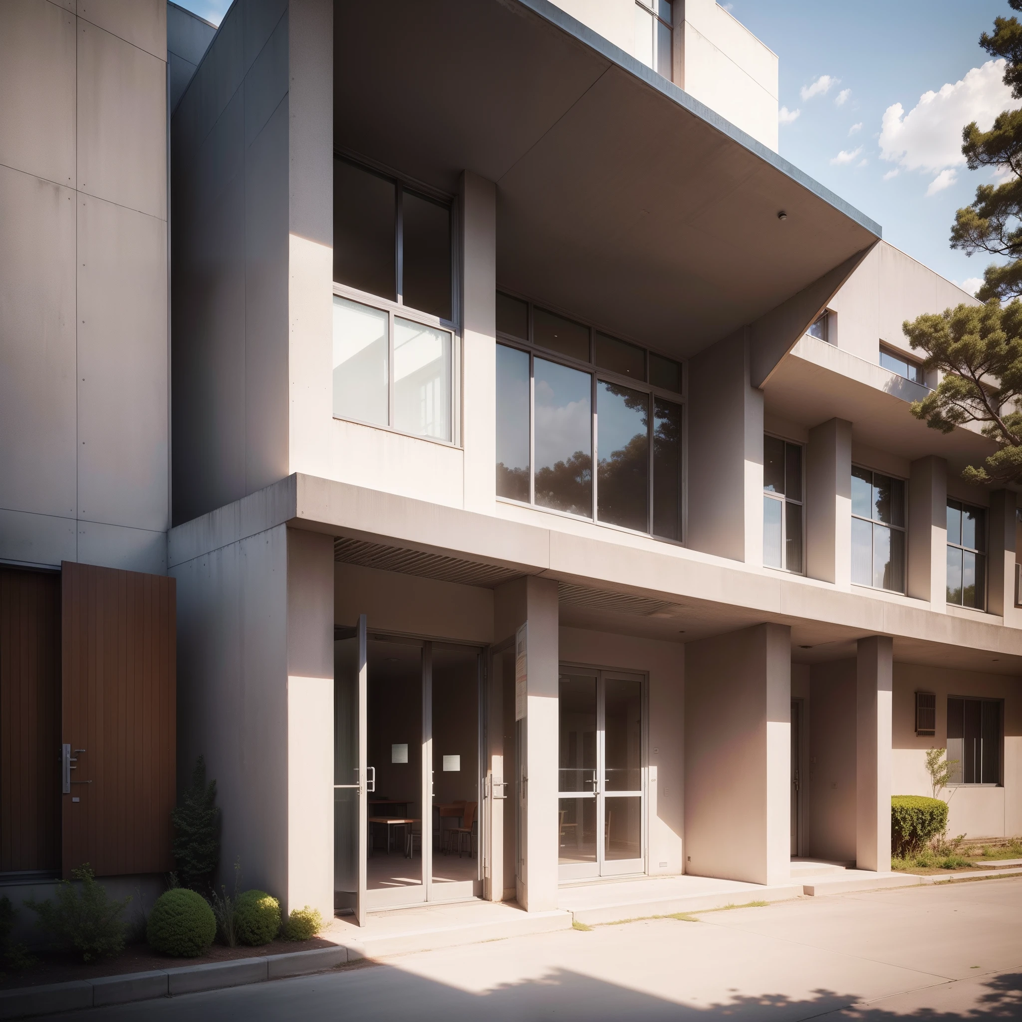 school buildings, Exterior of the building, Best Quality, masutepiece, 超A high resolution, (Photorealistic:1.4), Natural lighting