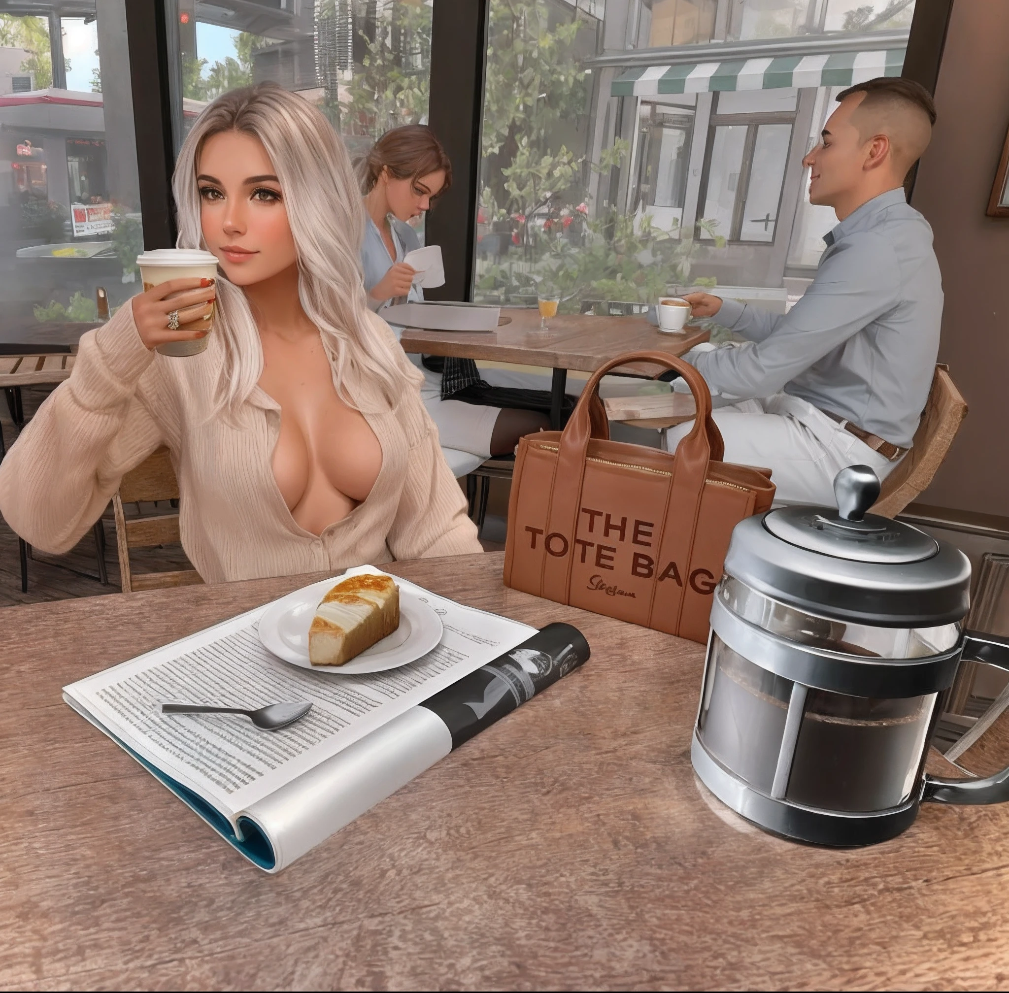 there is a woman sitting at a table with a cup of coffee, ☕ em cima da mesa, sitting at a café, Segunda vida, sentado em uma mesa cor de mocha, at the counter, in a coffee shop, !!Posando_Como_Lastly_Ceia, early evening, in a bright cafe, Directed by: Eva Frankal., Sitting at the table, Hangout da tarde