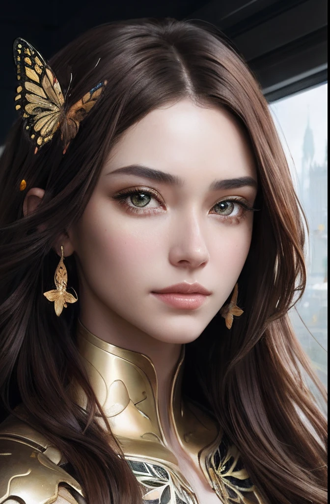 8k portrait of beautiful cyborg with brown hair, intricate, elegant, highly detailed, majestic, digital photography, art by artgerm and ruan jia and greg rutkowski surreal painting gold butterfly filigree, broken glass, (masterpiece, sidelighting, finely detailed beautiful eyes: 1.2), hdr, (detailed background window to a new dimension, plants and flowers:0.7) infinity, infinite symbol,