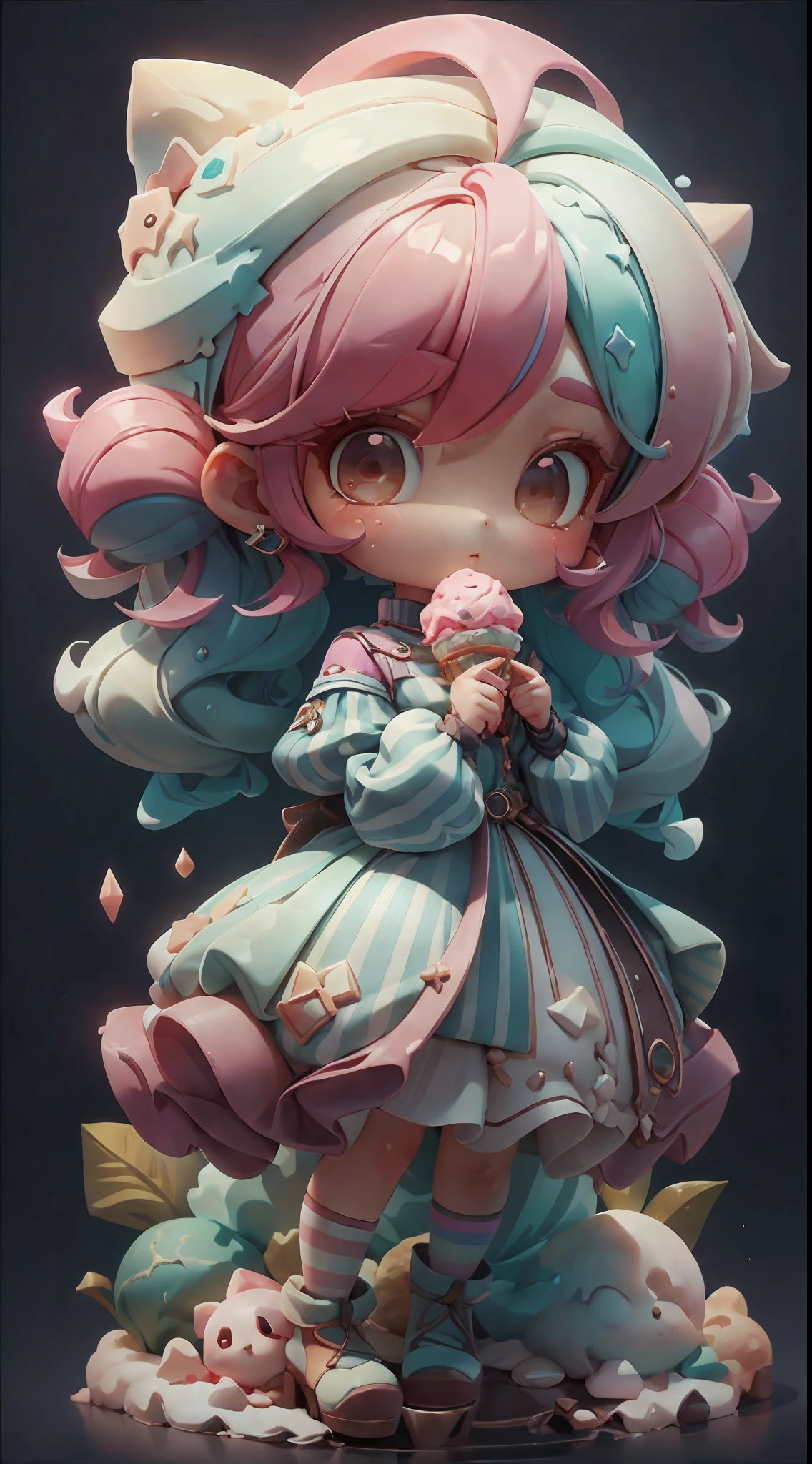 plastican00d， 1girll， tchibi， Colored hair， Luxury fabrics， dither， Ice cream texture，Profound， looking at viewert， Striped background