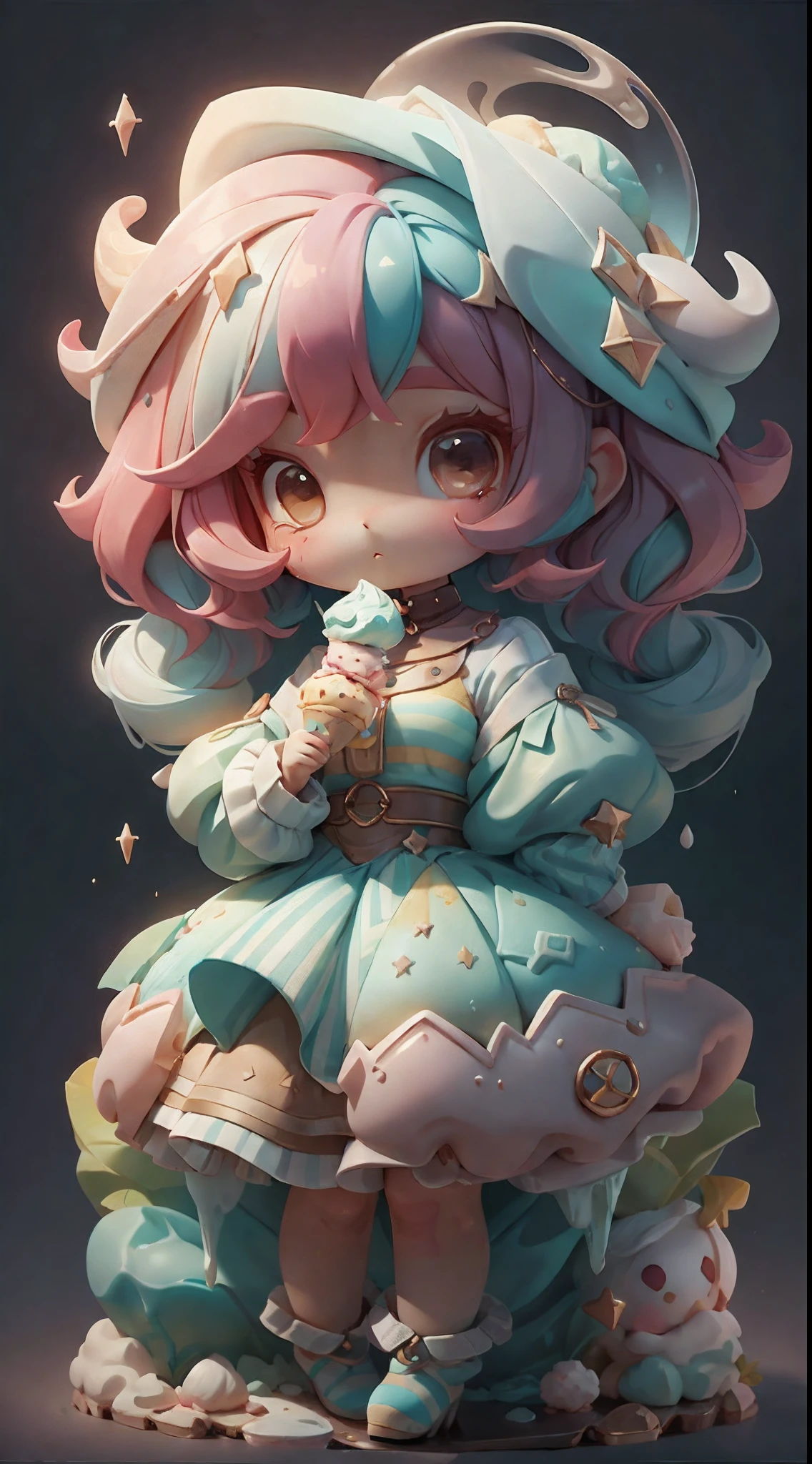 plastican00d， 1girll， tchibi， Colored hair， Luxury fabrics， dither， Ice cream texture，Profound， looking at viewert， Striped background