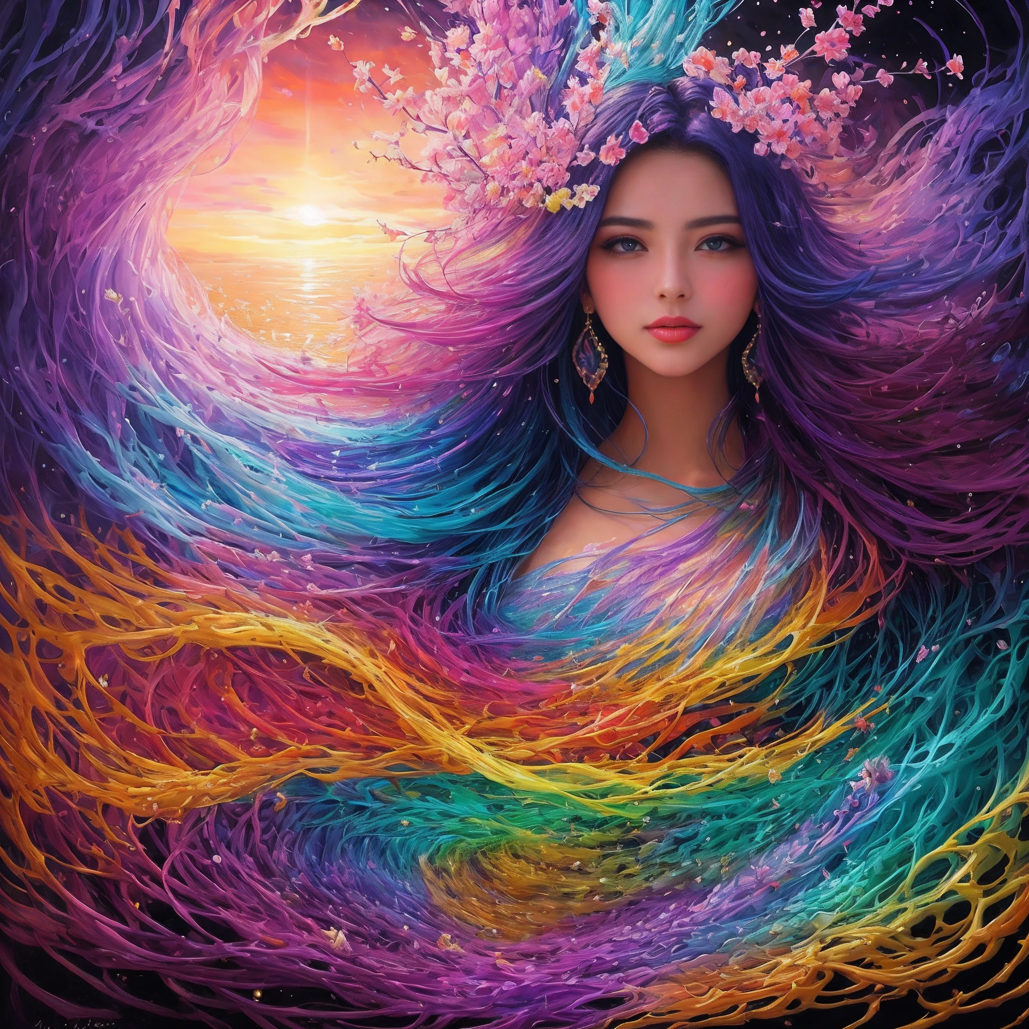 Smoke, create a vibrant and detailed digital painting of a stunning woman immersed in a fantastical world bursting with color and life. The woman should possess delicate and ethereal features, radiating a timeless beauty that captivates all who gaze upon her. Use a mesmerizing array of vivid hues to bring her to life, with her hair flowing gracefully like ribbons of brilliant sunset, cascading into a vibrant tapestry of colors. Surround her with a mesmerizing landscape, where fantastical creatures and flora intertwine seamlessly, forming a breathtaking display of artistic imagination. Let each brushstroke be imbued with the essence of vividness, making every inch of the painting a captivating kaleidoscope of hues.