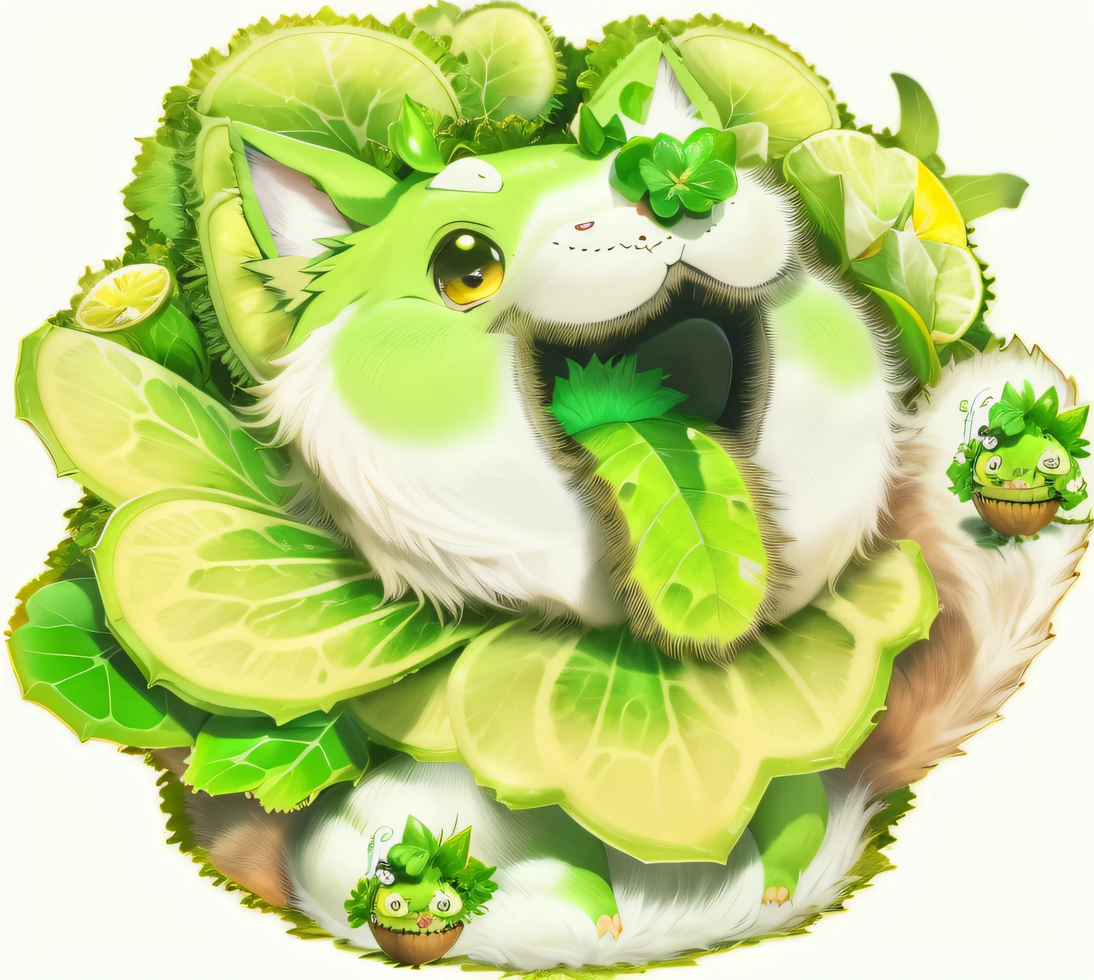 There is a cartoon dog sitting on lettuce, fluffy green belly, lettuce, exploitable image, cacodemon, 🐿🍸🍋, plant monster, Bulbasaur, plant monster, ahegao, telegraph stickers, plant spirit, maplestory mouse, character art of maple story, [[[[grinning evily]]]]