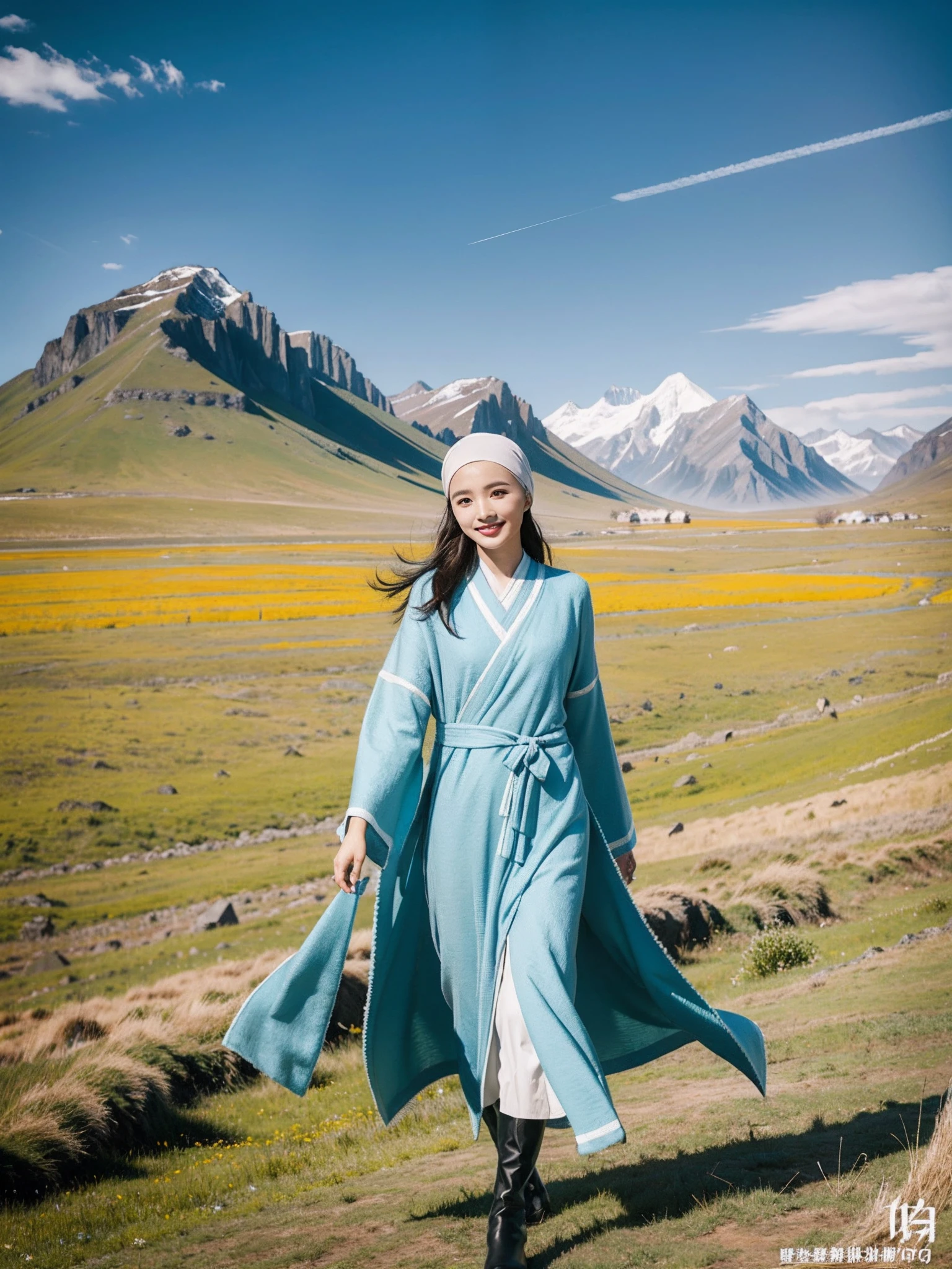 (Tomboyish,small head), (short-length straighthair: 1.2), Black hair,（极其细致的CG 8k壁纸），（Extremely refined and beautiful），（masterpiece），（best qualtiy：1.0），（超高分辨率：1.0），upper body，[A high resolution]，Smooth and flawless fair skin，ultra - detailed ，Slim，emaciated，happy，smile，Wrapped in a Mongolian headscarf，Wearing Gorgeous red Mongolian women's maxi robe，Long tube black Mongolian boots，Standing on the grassland，vast green grassland，sunny, blue sky, white clouds，flock of  Sheep, yurts，from front，Close-up，