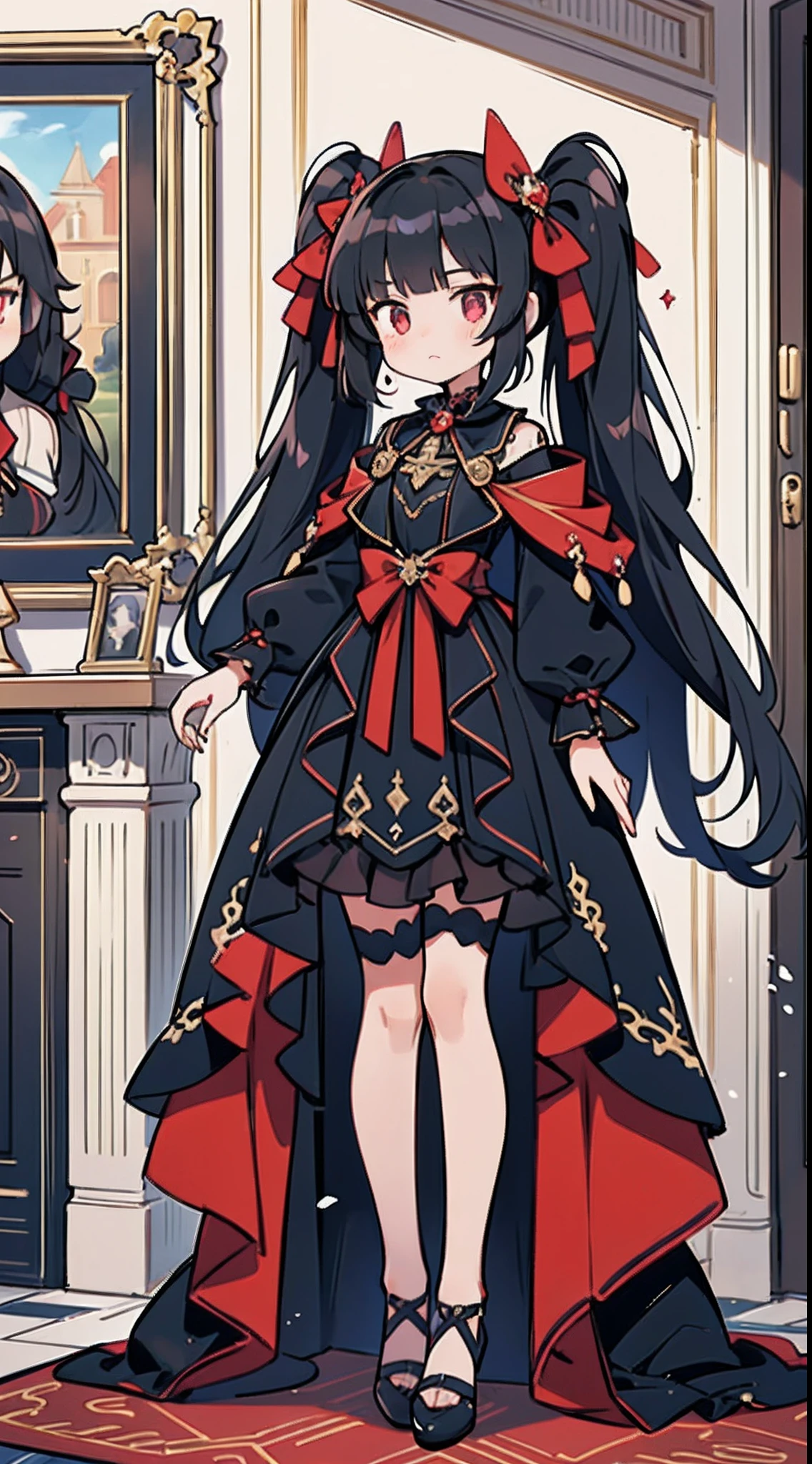 1girll,Fluffy long black hair,(Half Twin Tail),Red colored eyes,Black and red luxury dresses,((Inside the rich and noble house)),full body standing painting,Ultra-detailed CG,Exquisite facial features,Clear facial expressions,Detailed Digital Anime Art,digital anime art,High quality anime art style