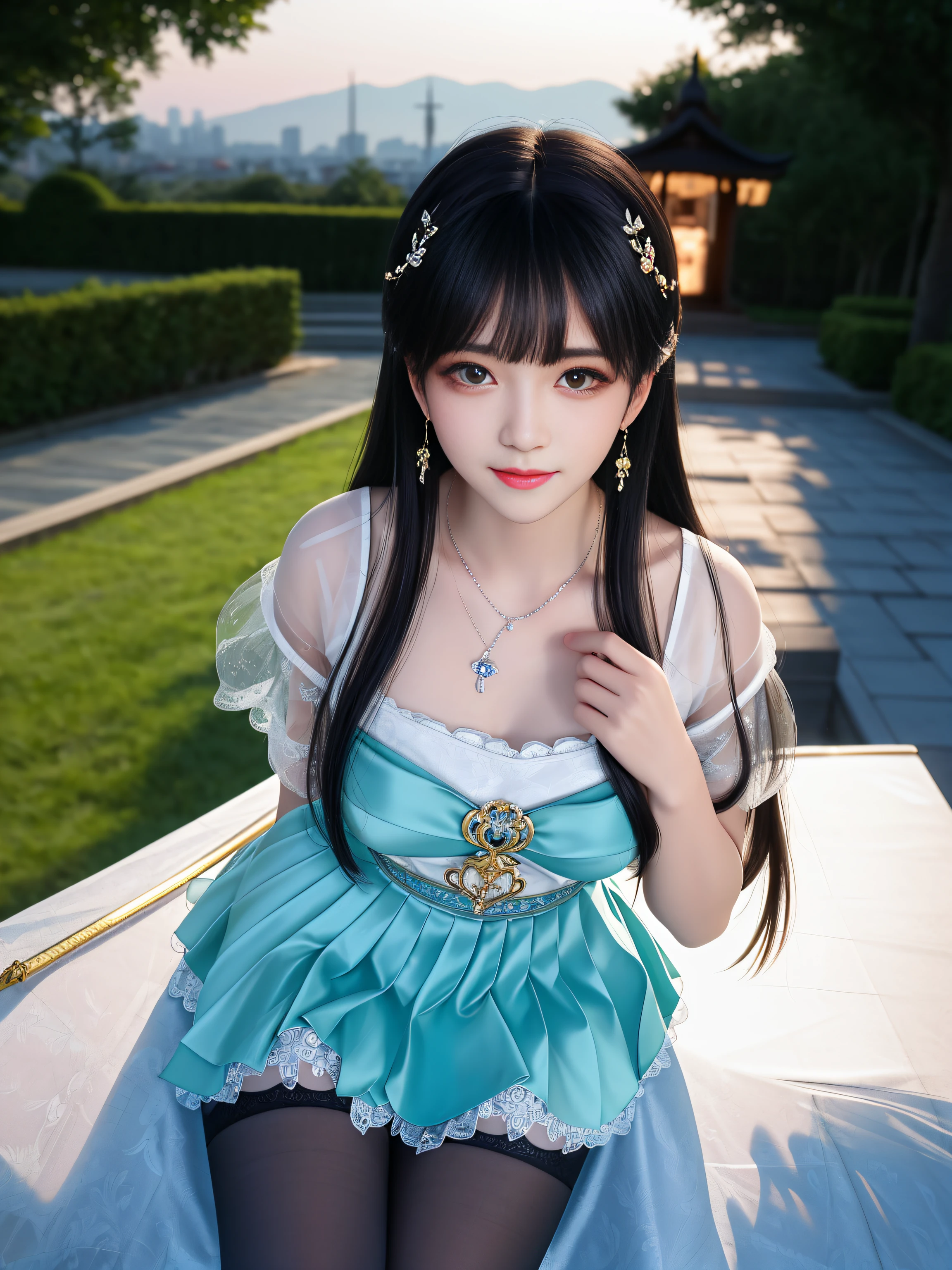Best quality、tmasterpiece、A high resolution、1girll、Strapless animal short sleeves、a black skirt、black thin stockings、Nice face、There are hair ornaments on the head、looking at viewert、ssmile、Blue hair,beautiful and clear eyes, Green eye pupils,Green eye pupils,Close-up Shot Shot,The chest is huge。There are very deep,There is a light in the chest,Looming,Extremely Delicately Beautiful、Keep one's mouth shut、cparted lips、shift dresses、Delicate shiny necklace、long whitr hair、diamonds earrings、s delicate face、Outside the house、Tindal effect、hentail realism、Shadow Studio、edge lit、bicolor lighting、(highdetailskin:1.2)、 adolable, view over city, the night, Sateen, dampness, profesional lighting, photon maping, Radio City, physically-based renderingt, Above the legs