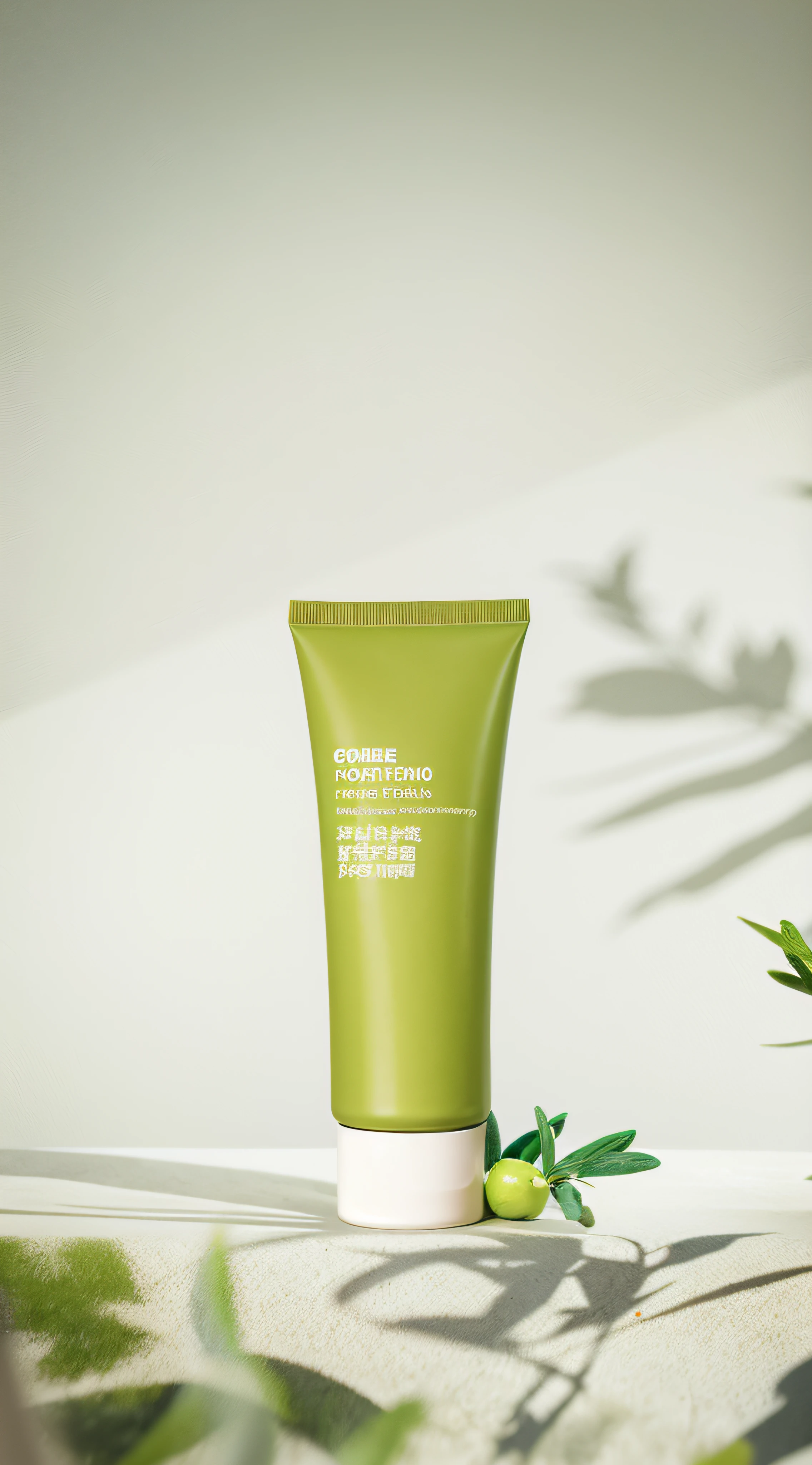 There is a tube of green tea on the table next to the plant, author:Wang Duo, Product photo, miniature product photo, inspired by Wang Duo, ji-min, products shot, professional product shot, sleek hands, high quality product photo, Product photography, professional product photo, “organic, photo product, product introduction photos, high quality topical render, Skincare