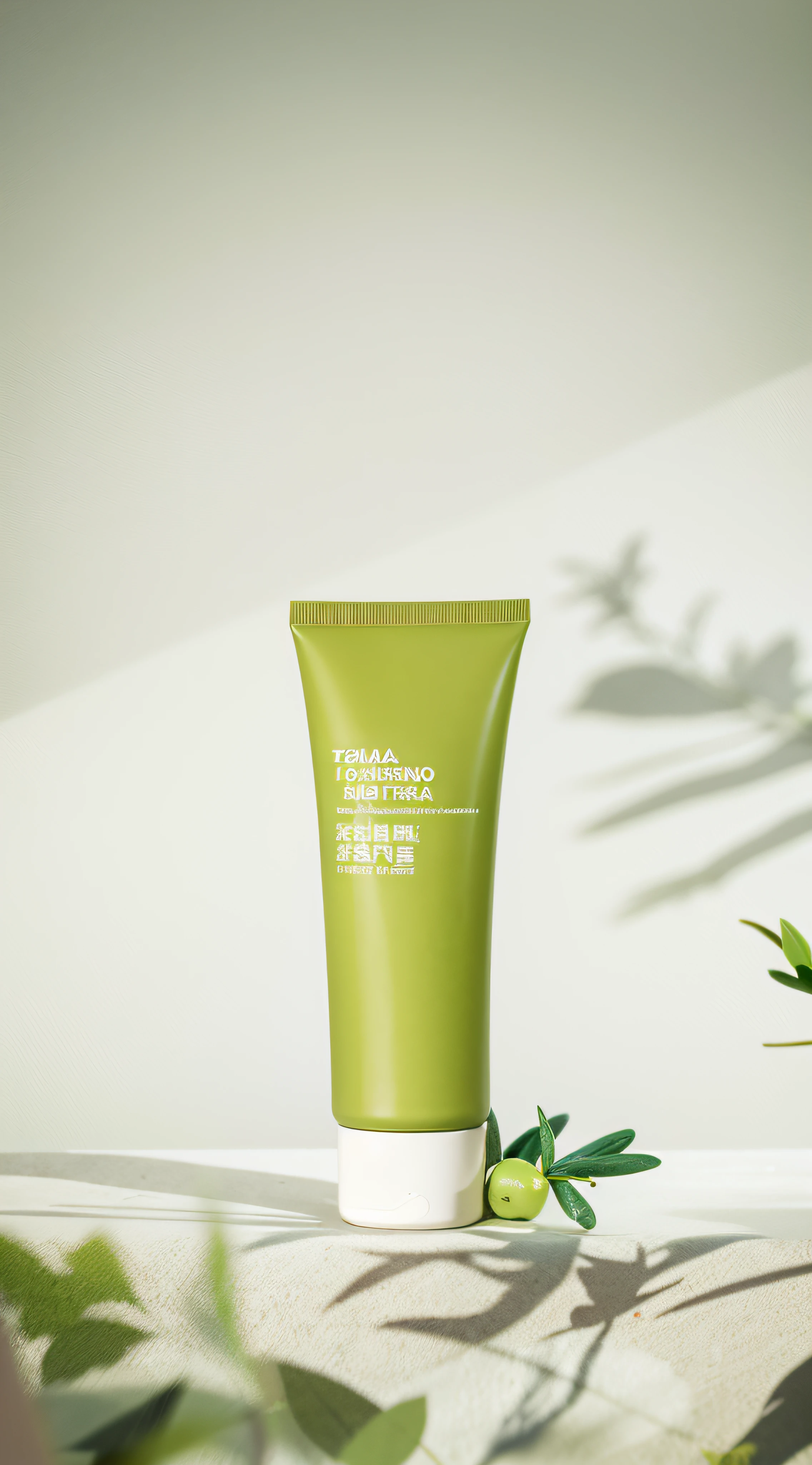 There is a tube of green tea on the table next to the plant, author:Wang Duo, Product photo, miniature product photo, inspired by Wang Duo, ji-min, products shot, sleek hands, professional product shot, high quality product photo, Product photography, professional product photo, “organic, photo product, high quality topical render, product introduction photos, Skincare