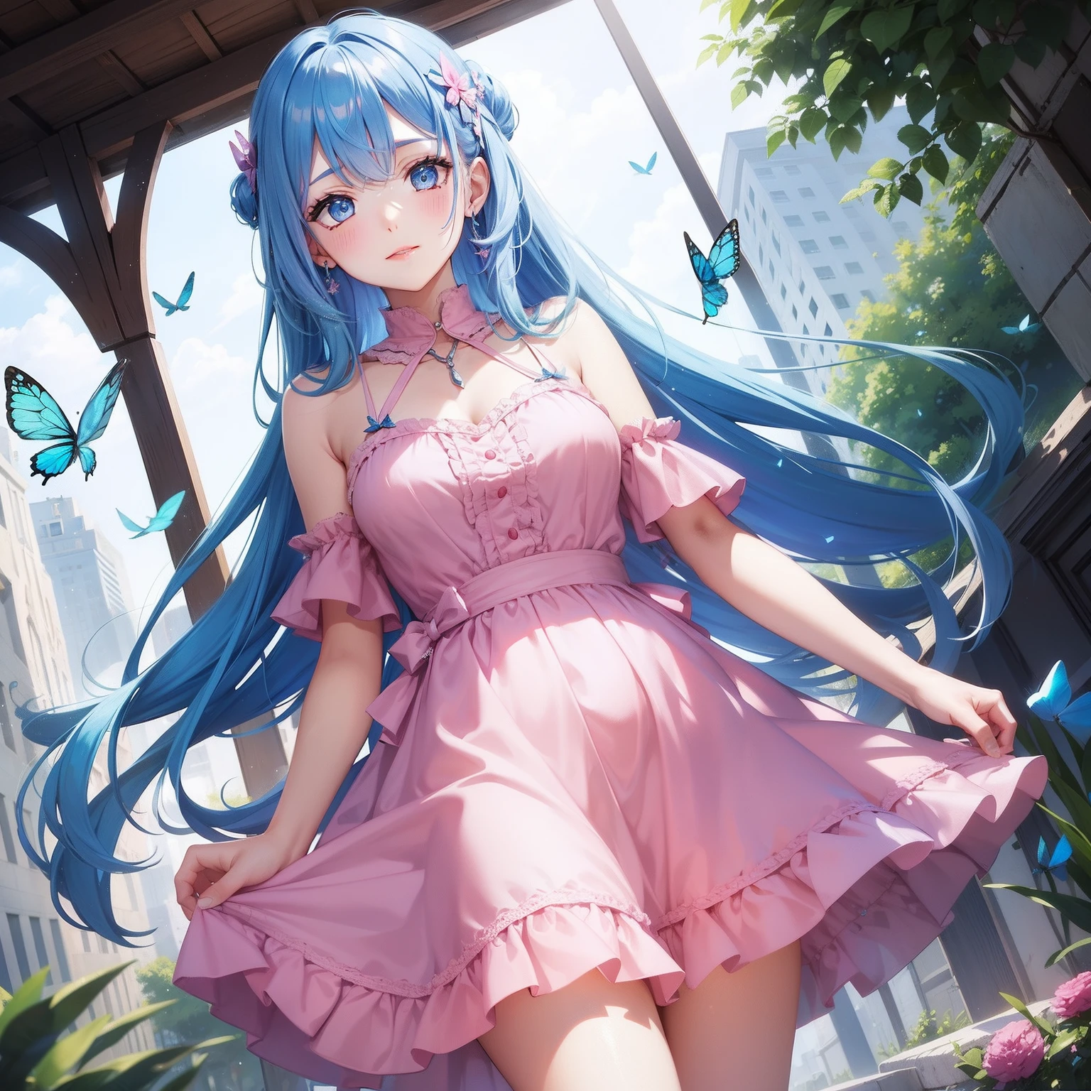 a women, blue butterfly, blue hair, pink eyes, blue dress
