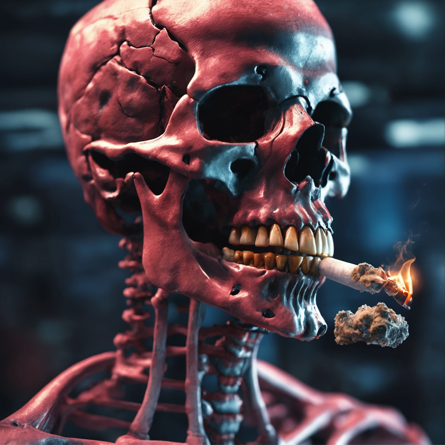 A cigarette is smoked between upper and lower teeth. A large bitcoin object glowing in the background. Realistic skeletal face smiling in spotlight. Close-up. Realistic depiction. The skeleton is in focus. Leica. Realistic photo.