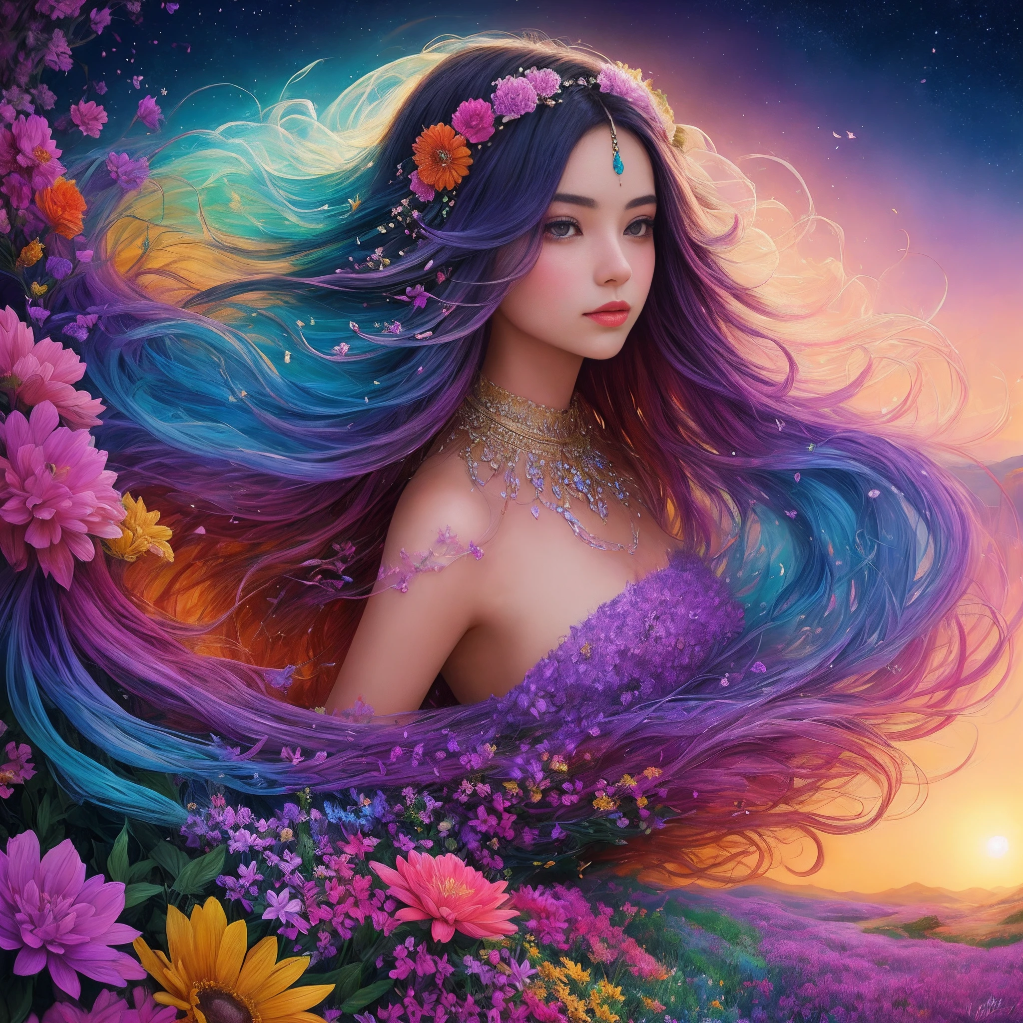 Smoke, create a vibrant and detailed digital painting of a stunning woman immersed in a fantastical world bursting with color and life. The woman should possess delicate and ethereal features, radiating a timeless beauty that captivates all who gaze upon her. Use a mesmerizing array of vivid hues to bring her to life, with her hair flowing gracefully like ribbons of brilliant sunset, cascading into a vibrant tapestry of colors. Surround her with a mesmerizing landscape, where fantastical creatures and flora intertwine seamlessly, forming a breathtaking display of artistic imagination. Let each brushstroke be imbued with the essence of vividness, making every inch of the painting a captivating kaleidoscope of hues.