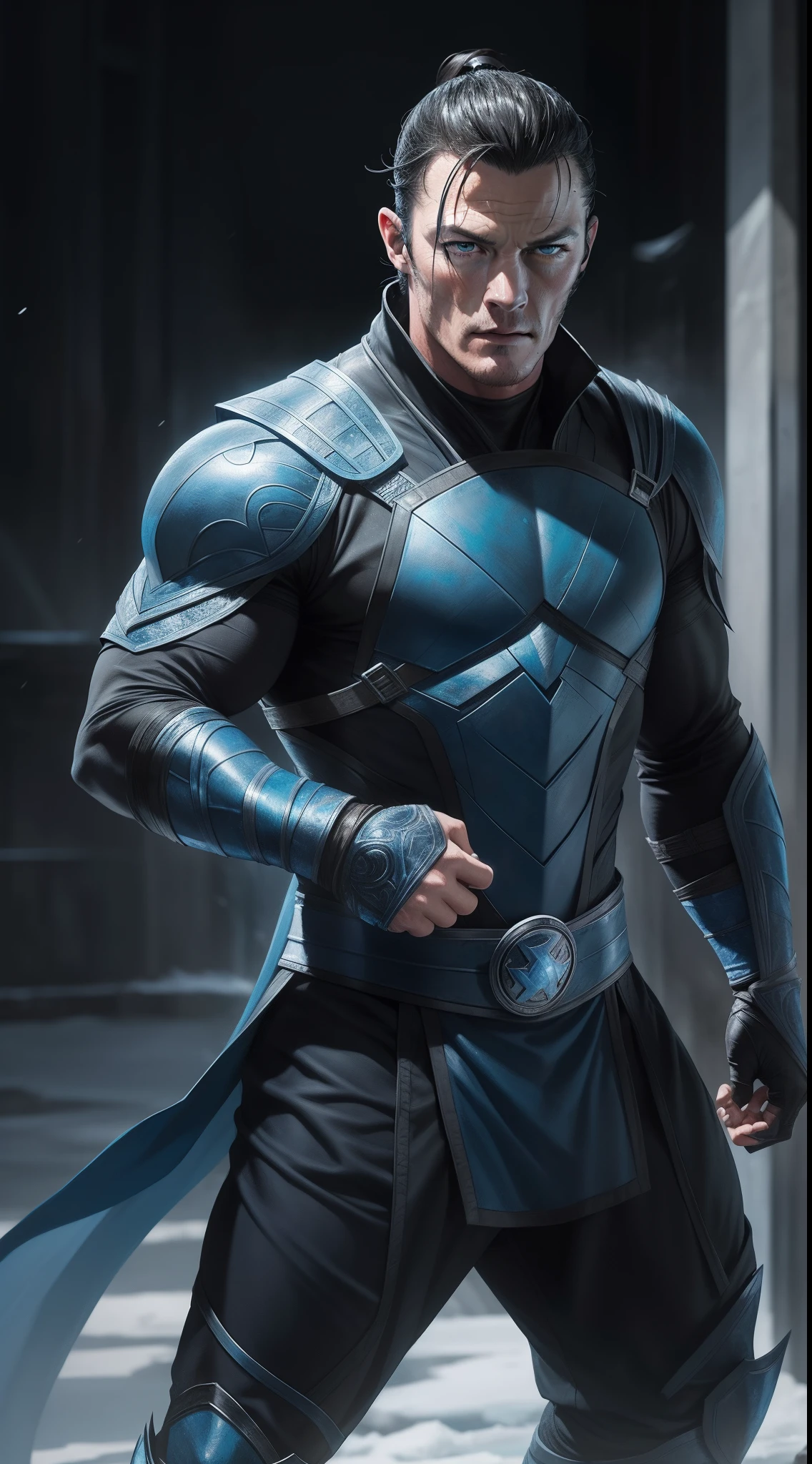 a photo of ((Luke Evans)) as Sub-Zero from Mortal Kombat, short hair, blue and black ninja outfit, ninja mask, (ice), cold, Intricate, High Detail, Sharp focus, dramatic, photorealistic painting art by greg rutkowski