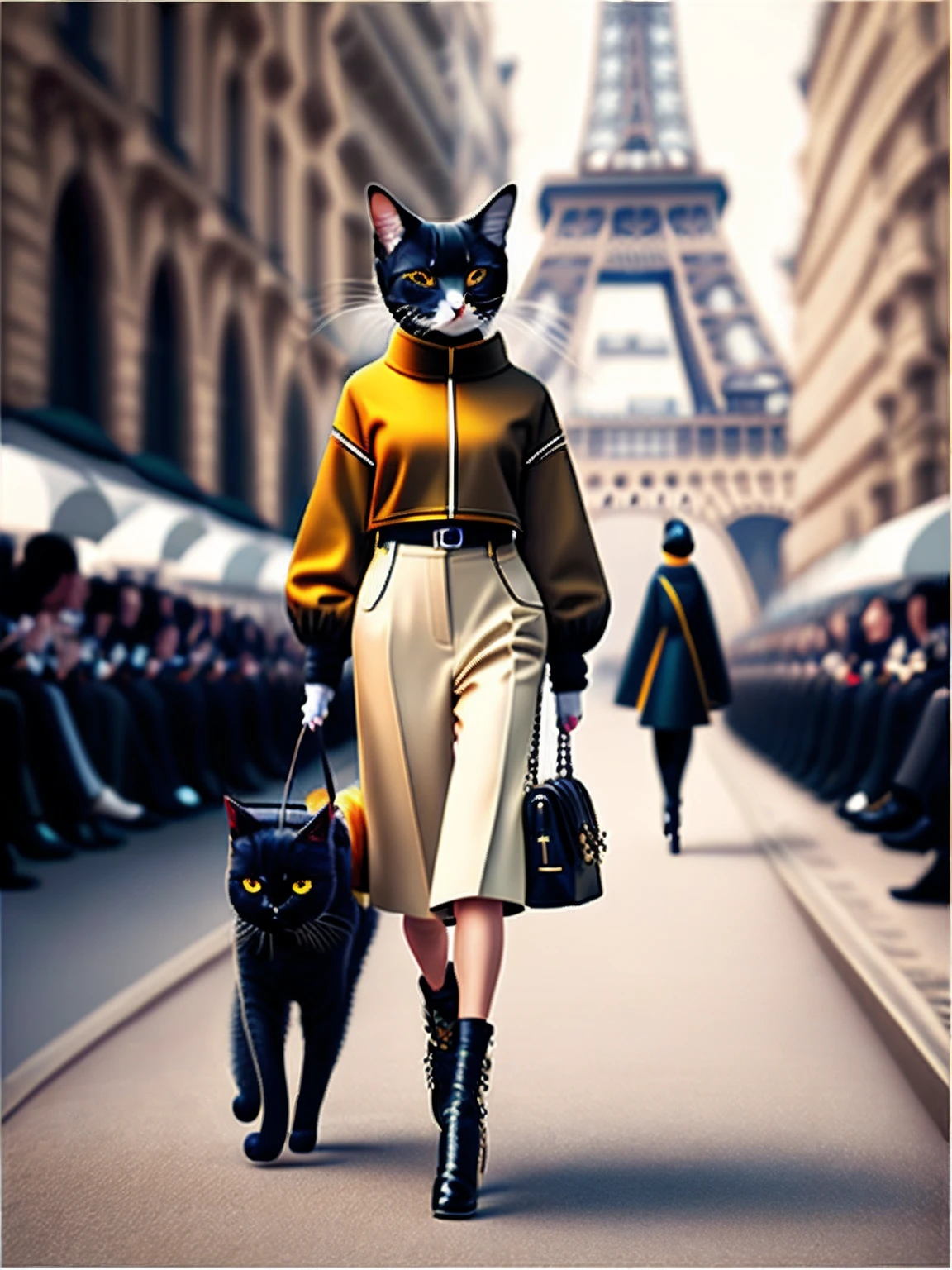 Fashionable cat images,Walk the runway of Paris Collection, trends in the art station, fashionshow, Ultra-realistic detail rendering, Urban style, intimidating pose, planet of the cats, Fashion clothes, meow,
