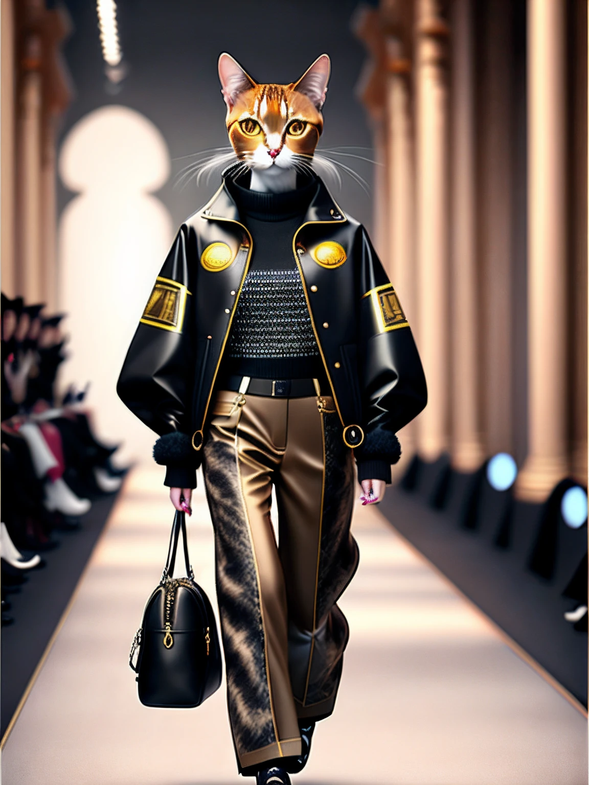 Fashionable cat images,Walk the runway of Paris Collection, trends in the art station, fashionshow, Ultra-realistic detail rendering, Urban style, intimidating pose, planet of the cats, Fashion clothes, meow,