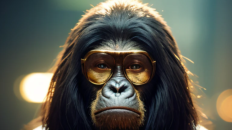 Planet of the Apes（（top Quority，8K，tmasterpiece：1.3）），Gorilla Warrior（golden jewelery），perspired，Water droplets on the forehead of the face，exteriors，background urban cityscape，Overhead，Sharp focus：1.2，cute animal：1.4，（（Layered Hair Style）），（Planet of the Apes 1），very detailed face and skin and hair texture，Knotted brunette hair，Moist textured hair，Moist body，Detailed eyes， 二重まぶた，White skin of the，Beautiful legs， beautiful delicate nose，warriors，dynamic angle，Deleite para la vista，Compositional suggestiveness，while emphasizing the subject's hair，The eye，Mouth and movements，At the same time, It exudes melancholic emotions，It is characterized by a mixture of calm tones and contrasts of light and shadow，gorillaz，Gold-tone sunglasses，Jewelry diamond frame yellow gold sunglasses，Gorilla warrior wearing jewelry diamond frame gold sunglasses