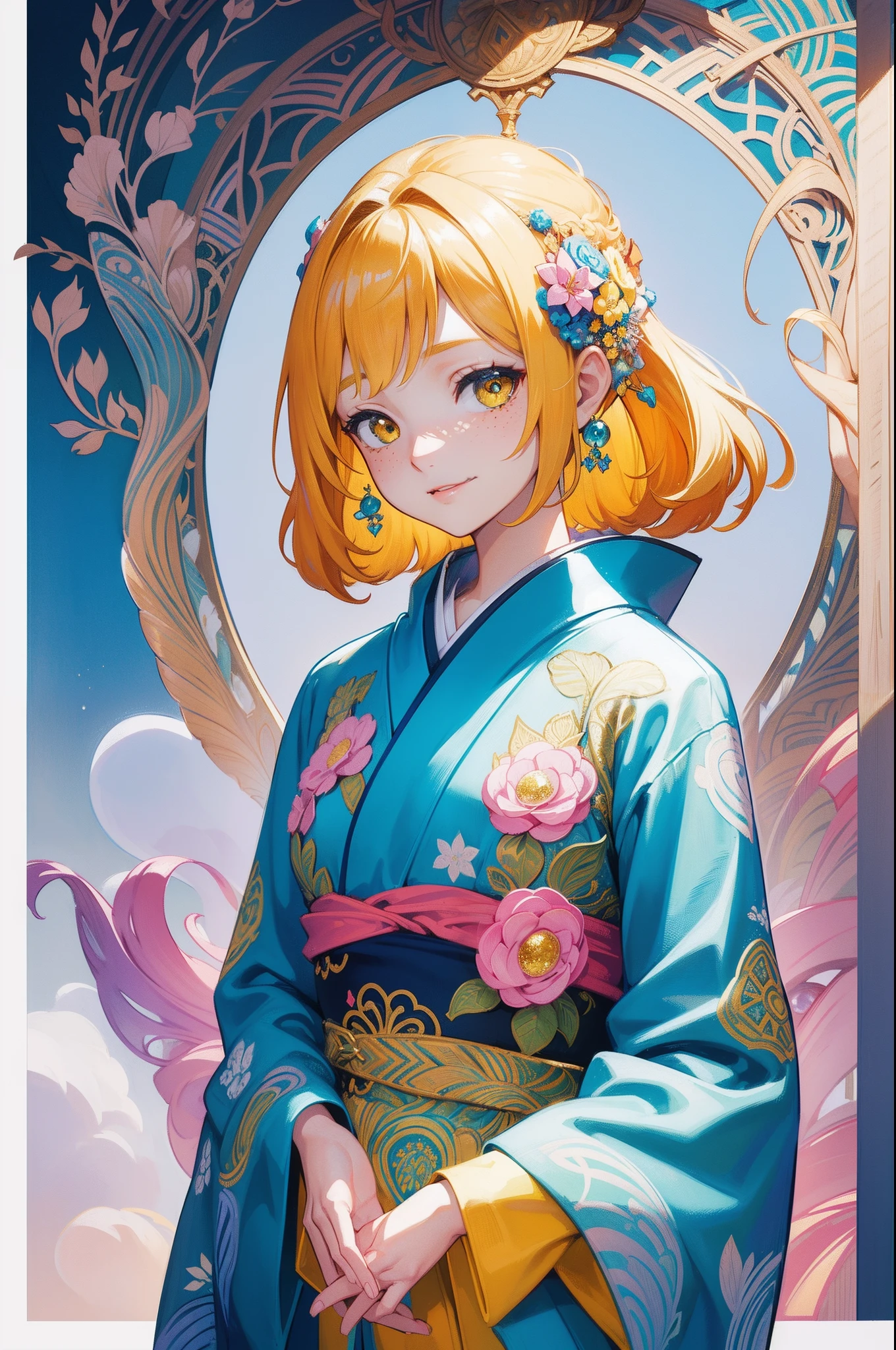 (Masterpiece), (best quality), illustration of young girl with freckles、blushed, anime、 1. **fashion**: wearing Japanese Yukata or Kimono attire, 2. **hairstyle on**: tie her hair up, hair color is platina blond, transparent and shining hair, 3. **Features**: (big yellow crystal eyes), girl features with soft features、Beautiful、warm atmosphere, intelligent Beatty, Beautiful, smiling, happy, thinking about her boyfriend, looking to the viewers, 4. **accessorized**:Accessories play important role to express her feeling, By drawing accessories with attention to detail、You can give your character personality. 5. **background**: (white background:1.4), (shining brightly), ((dazzling)), ((3D)), ((paper art:1.3)), (((colorful tone))), (Art Nouveau illustration:1.3,zentangle art:1.3, paper art:1.4), (Reasonable design, Clear lines, High Sharpness, Best Quality, Very detailed, masterpiece, Movie Light Effects, 8K), (3D), Colorful, Happy,