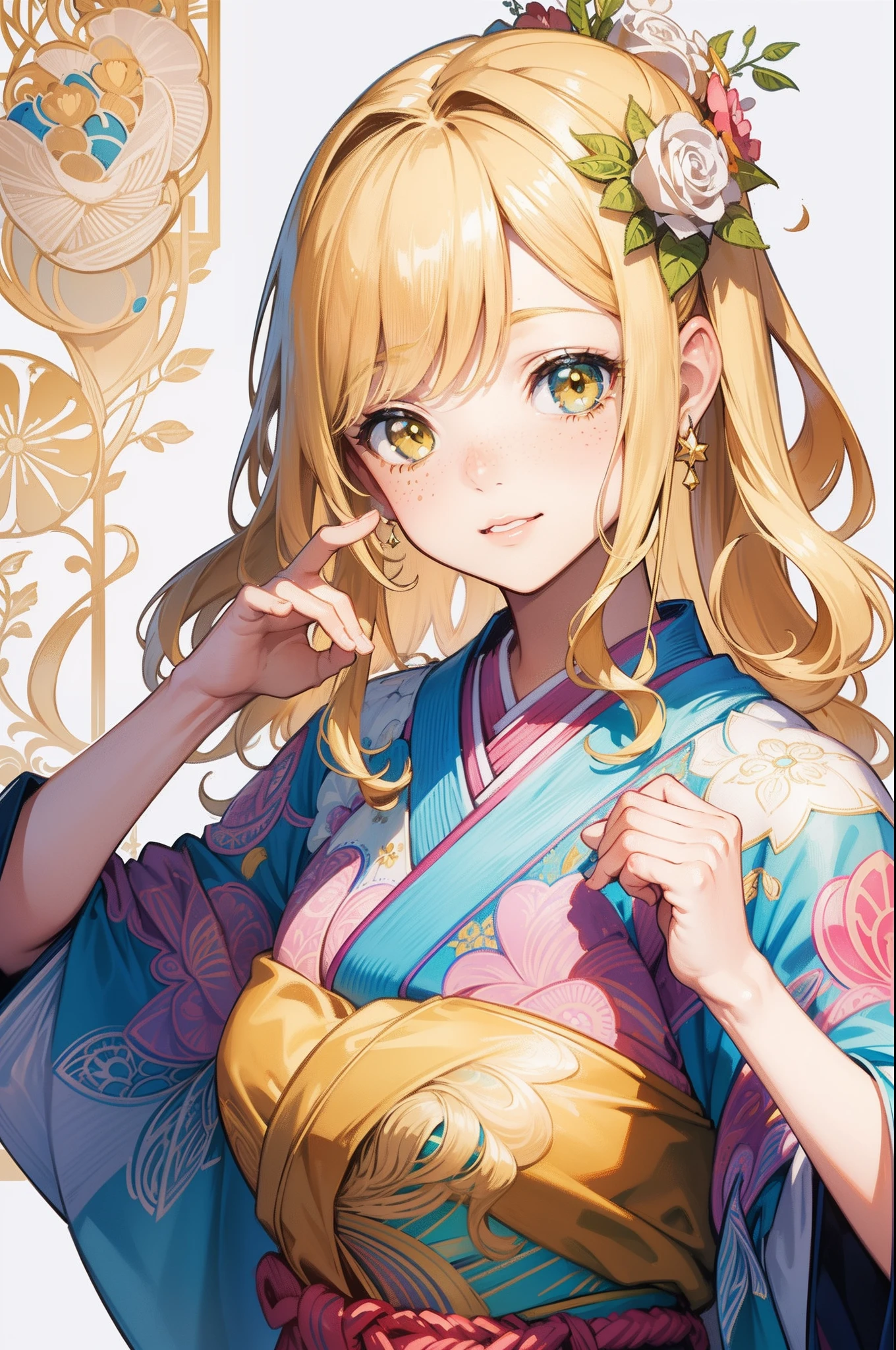 (Masterpiece), (best quality), illustration of young girl with freckles、blushed, anime、 1. **fashion**: wearing Japanese Yukata or Kimono attire, 2. **hairstyle on**: tie her hair up, hair color is platina blond, transparent and shining hair, 3. **Features**: (big yellow crystal eyes), girl features with soft features、Beautiful、warm atmosphere, intelligent Beatty, Beautiful, smiling, happy, thinking about her boyfriend, looking to the viewers, 4. **accessorized**:Accessories play important role to express her feeling, By drawing accessories with attention to detail、You can give your character personality. 5. **background**: (white background:1.4), (shining brightly), ((dazzling)), ((3D)), ((paper art:1.3)), (((colorful tone))), (Art Nouveau illustration:1.3,zentangle art:1.3, paper art:1.4), (Reasonable design, Clear lines, High Sharpness, Best Quality, Very detailed, masterpiece, Movie Light Effects, 8K), (3D), Colorful, Happy,
