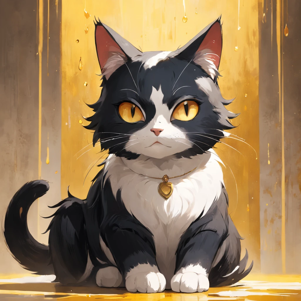 Cats in art, tuxedo cat, Black and white cat, Cute furry, staring right into camera, Narrow eye grooming、leisure, Golden yellow background,Artistic sense,复杂,Warm style,Abstract cat,Playful,Elegant work,Coating texture,Smooth paint,Fabric texture,Beautiful lines,Natural curves,Refined silhouette,Elegant styling, Visit,Expressing the,Aesthetic, anime 3d