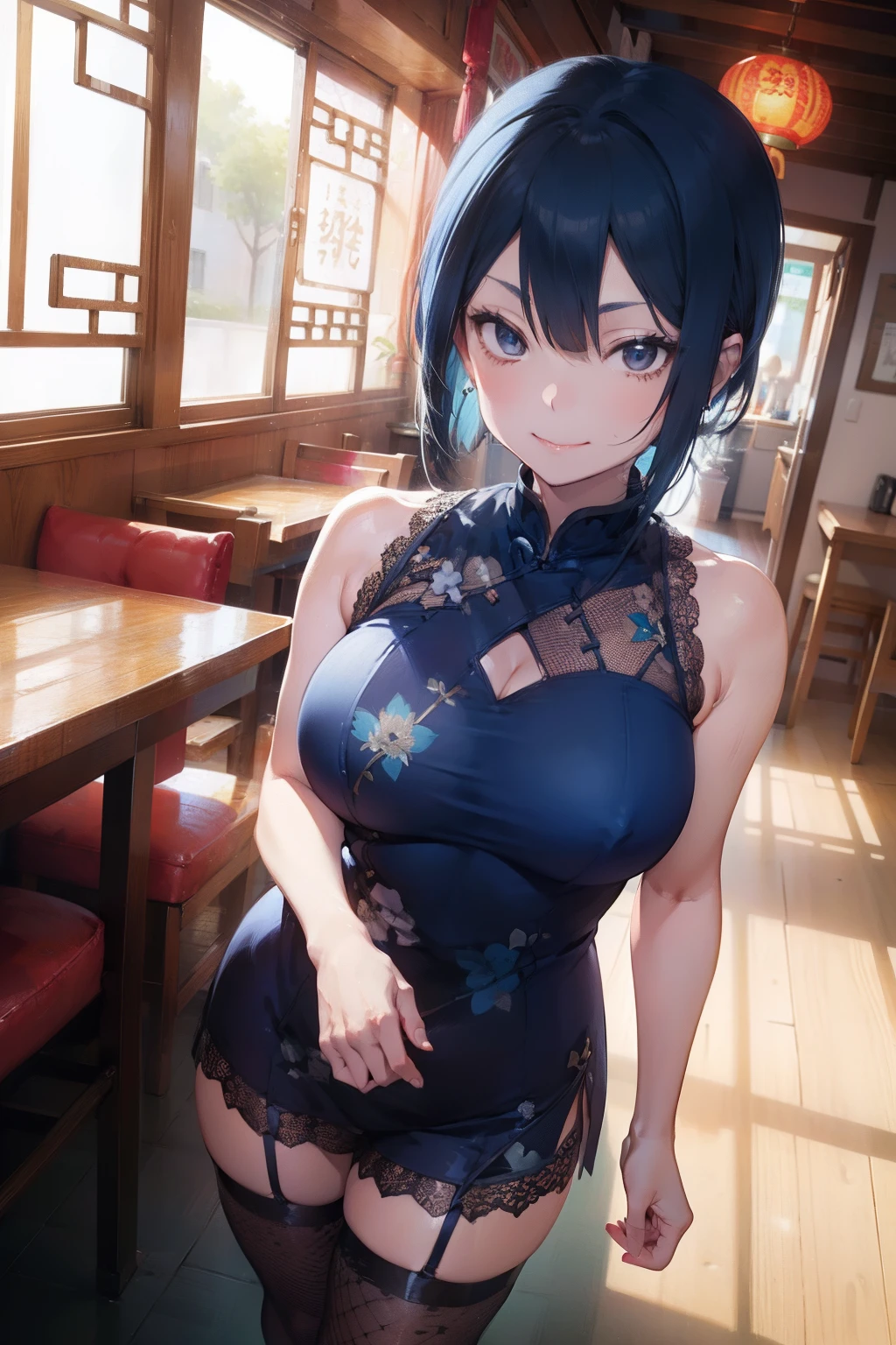 Alice Nagiri、A smile、Colossal tits、Black High Heels、White floral pattern Blue cheongsam、Chinese Restaurant、Lace fishnet stockings、A slender、Blue hair、Golden earrings、low angles、armpit、Blue eyes、eye glass