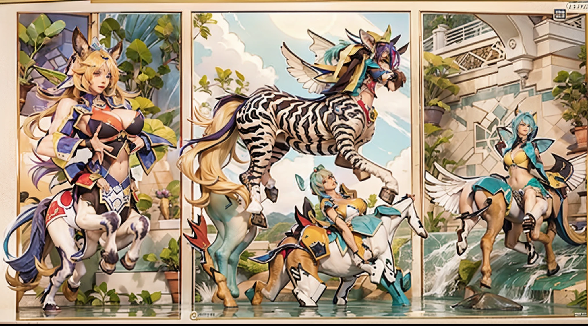 In the beautiful illustration of this super-grand scene，The ultra-long-range lens is shown（Over eight unique centaur characters：9.9），They all have their own characteristics，Vivid and interesting。Radiant angelic centaurs from the heavenly realm，To the hellish centaurs surrounded by nightmarish flames，And then to the Wind Fairy Centaur dancing in the air，There are also one-horned centaurs surrounded by thunder and lightning，and mechanical centaurs that shine with metallic light，And then to the powerful dragon centaur with colored dragon scales covering the whole body，The elegant and agile elf centaur always wears a flower crown with its slender graceful lines，Enchanting and charming Tiflin centaurs。Each character has their own unique charms and abilities。The illustration uses advanced artistic techniques and tools，（Divide the scene into sections by geometric arrangement：9.9），Each section corresponds to a centaur character，This makes more efficient use of space。Through Midjourney's advanced brush tools、Color palette、Material packs and model packs，For each centaur, beautiful props are designed to increase racial characteristics、Clothing and physical features，Enhances the character's personality and visual appeal。The scenery in the illustrations is stunning，There are changing skies、rainbowing、extreme light、Stars and Moon。Incorporating iconic landmarks such as Mount Everest，and fireworks、tranquil lake、Natural and urban elements of waves and neon lights，Creates a magical atmosphere。The centaurs display their unique abilities and equipment in a variety of environments，This is true even in extreme alien landscapes。（Use Midjourney's tools、Material packs、Texture tools、The color palette makes depicting details vivid and realistic：9.9），From complex hairstyles and as well as different racial traits、Body、Appearance features、Clothing to real textures，This greatly enhances the realism of the characters and surroundings。The fusion of multiple art styles adds movement to the centaur's