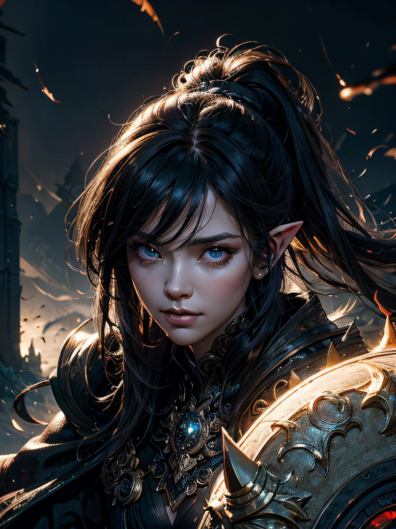top-quality、Ultra-detailed、Cinematic lighting、Unique lighting effects、4/5 shots、Portrait of beautiful 30 year old female elf、Environments with complex details、Elegant person、Graceful aura、Elaborate patterns that blend fantasy and modernity、Black cloak of flowing fabric、Richly textured black leather armor and leggings、Black knight armor with delicate carving、Knight's helmet、battle posture、Dynamic action、Multiple enemy soldiers with red eyes on background、Burning cityscape and medieval castle、Mystical atmosphere filled with magical elements、Dynamic lighting with vibrant colors、Detailed background depiction、Deep sense of depth、Depth and mood、Slender figure、A dark-haired、Hairstyle Ponytail、Seductive blue eyes、Sharp eyes、hyperdetailed face、Detailed eyes、Detailed hand depiction、Detailed foot depiction