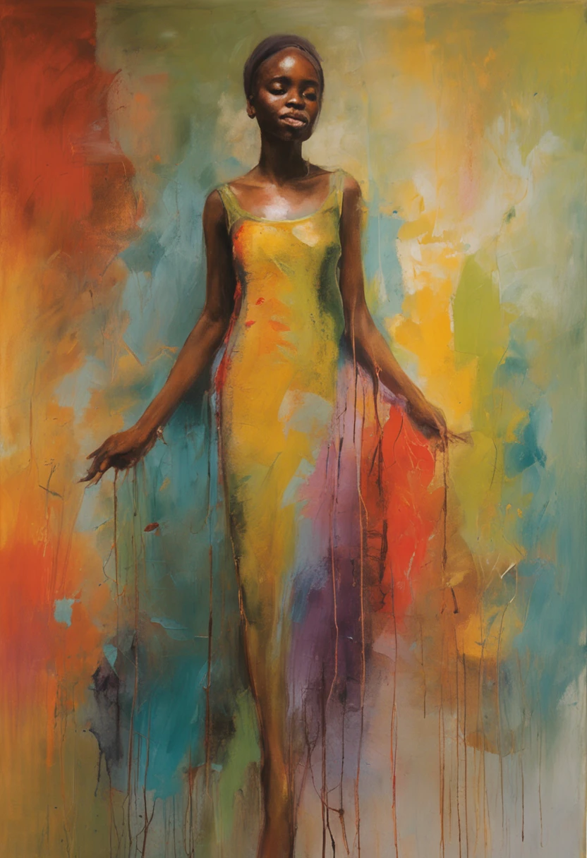 Oil painting, full body,  pretty black girl ballerina with cinnamon skin tone, orange and mint green color, loosely tied hair, sparkling ballet outfit, playfulness, distinctive eyes, hyper realistic, spotlight, pop art, art nouveau, elegant pose, shadow play, portrait, Degas and in style Zdzislaw Beksinski, insanely detailed, dramatic, 96k, (((best quality, stunning masterpiece))) nice drawn hands and perfectly drawn arms)