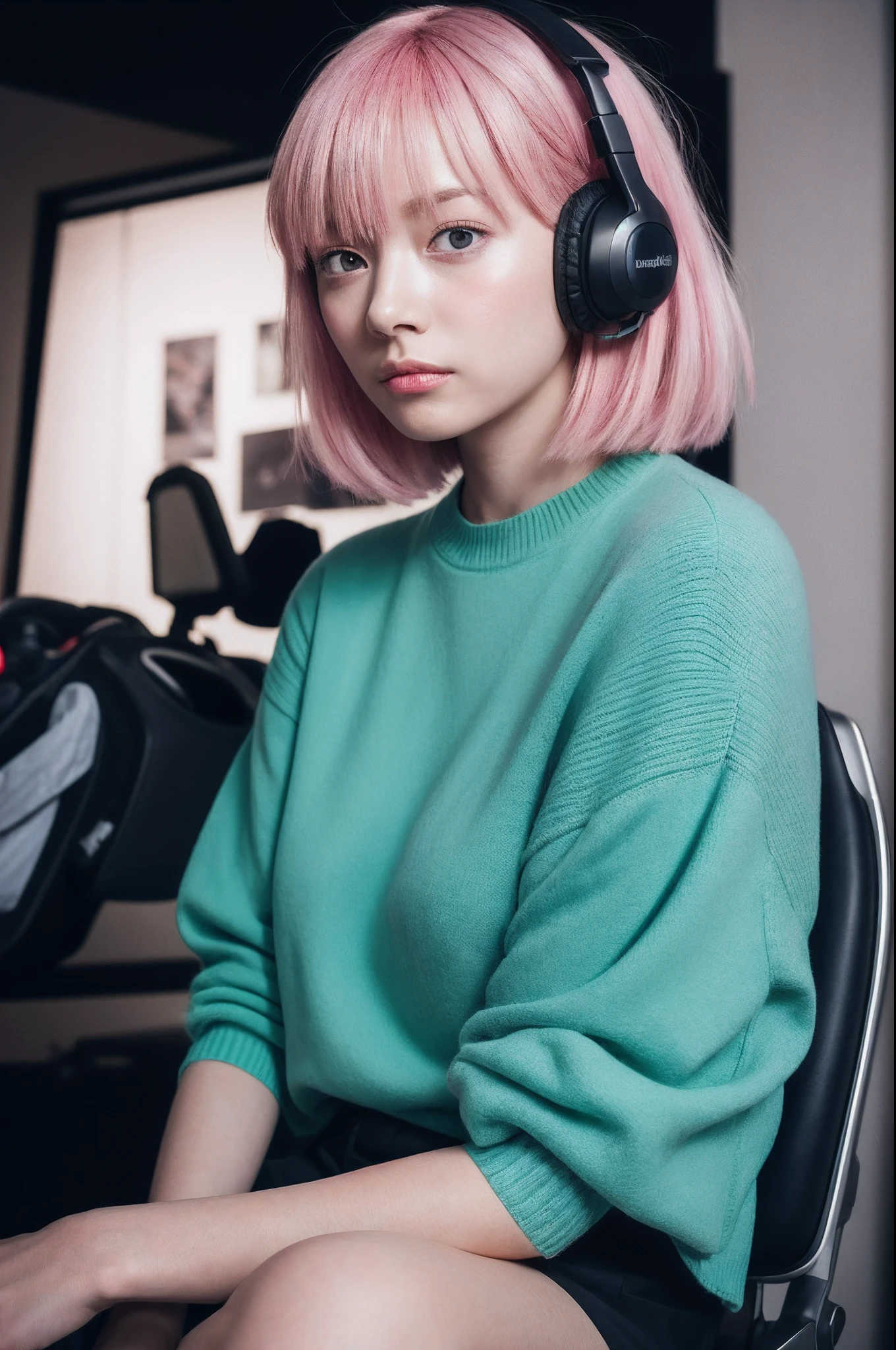 (8k,RAW portrait of girl,80mm,ultra high res,best quality,japanese girl,idol,cute,playing a game on one's PC,gamer,sitting on gaming chair,wearing headset,holding game controler(darkened room:1.2),oversized t-shirts,sports shorts,(natural skin texture,detailed skin, hyperrealism,ultra sharpness),intricate details,high resolution, natural lighting,:1.1)
sunbeam,annoyed,pink hair,heart-shaped pupils,muscular female,couple,very short hair,dutch angle,stage lights,vampire,messy hair,looking up,portrait,woman,v-shaped eyebrows,sweater,hime cut,hair over one eye,
colorfull,sunset,vivid,violet,red,blue.green,yellow,pink