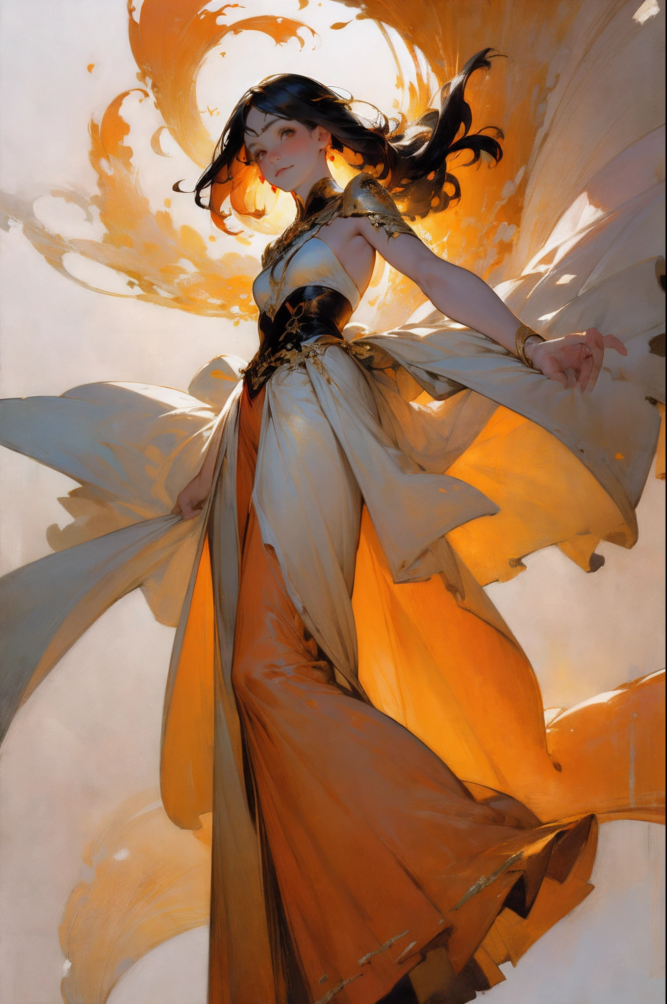 (1girll :1.4)(Warm tones :1.4)toplight,warm lights,faeries, Robe, White gauze texture, Remote,Black hair, long whitr hair, A natural soothing expression,red and orange color scheme, Bare legs, (Floating in the air :1.4),(Long skirt :1.4), Mature female face, Complex tree background, Golden helmet, Holy, Solo, the wallpaper, epic feels, looking up at camera, From below,)ultra-wide-angle:1.4), Aura, Feel nature, Look up at the,the complex background,Complicated details