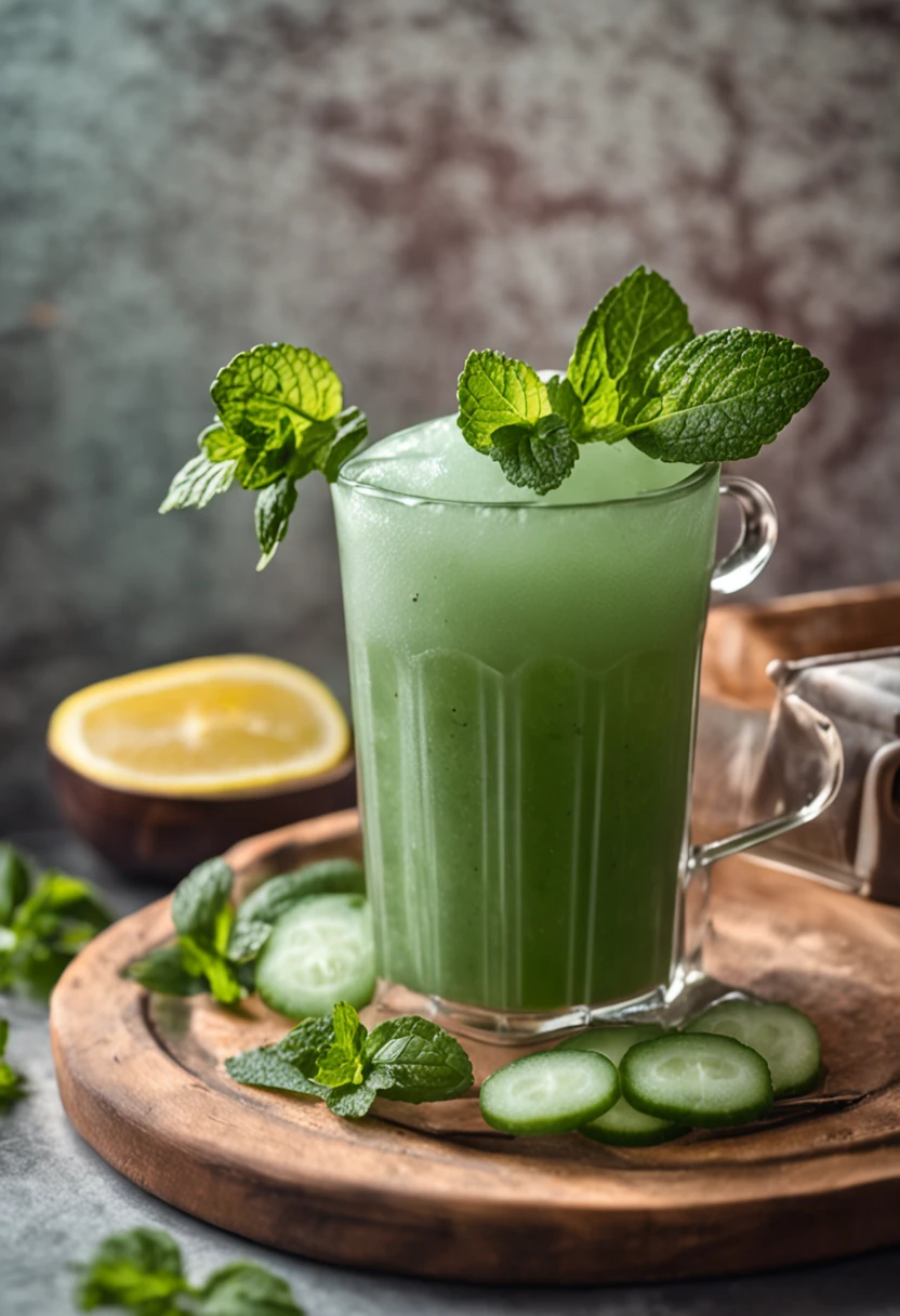 A jug of frozen cucumber juice with mint leaves on the side.