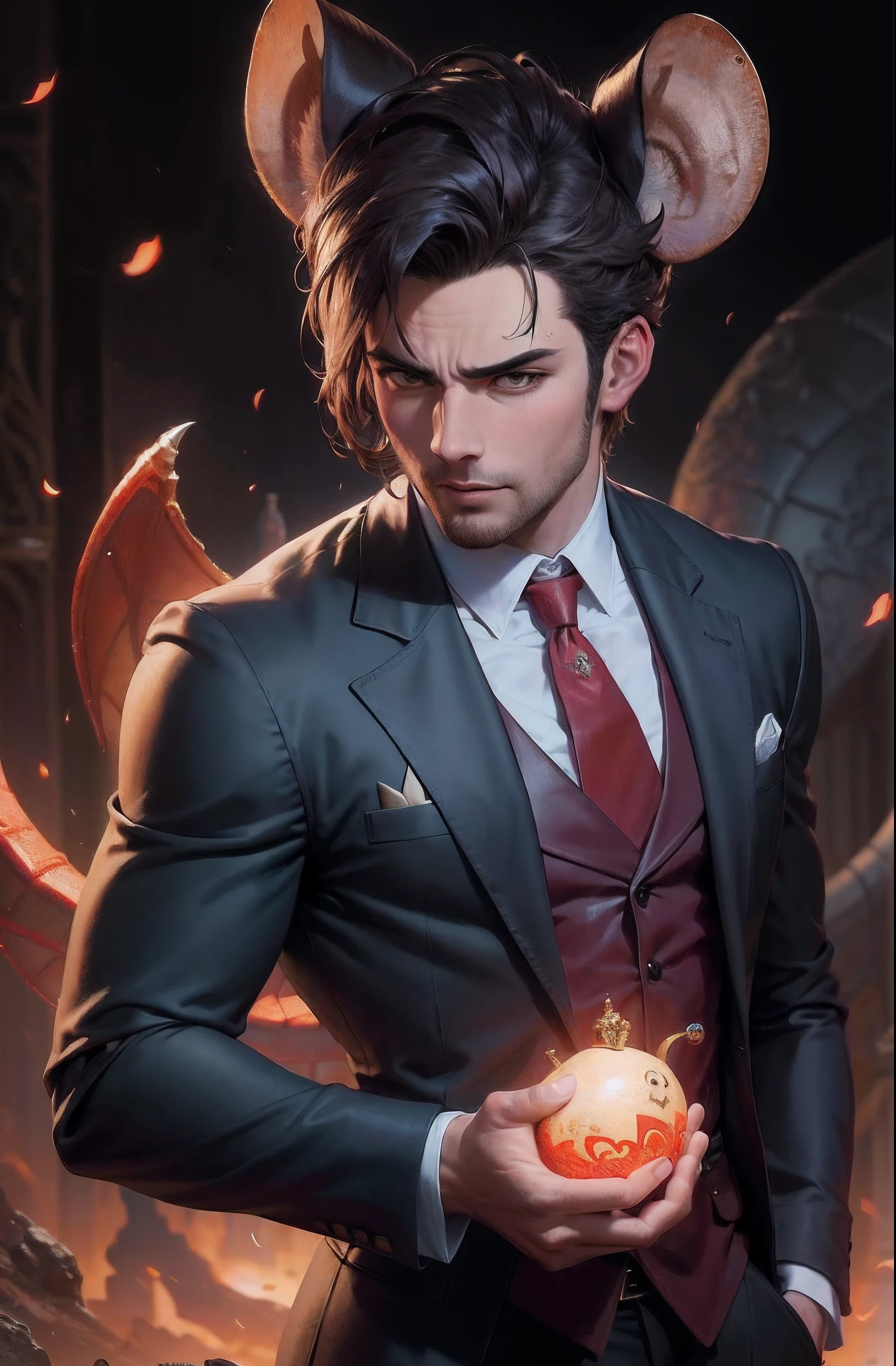 There was a young man in a suit holding a ball，There is a devil head on it, Extremely detailed Artgerm, stanely artgerm, Range Murata and Artgerm, handsome male vampire, Silas, IG model | Art germ, epic and classy portrait, Art germ on ArtStation Pixiv, artgerm and ilya kushinov