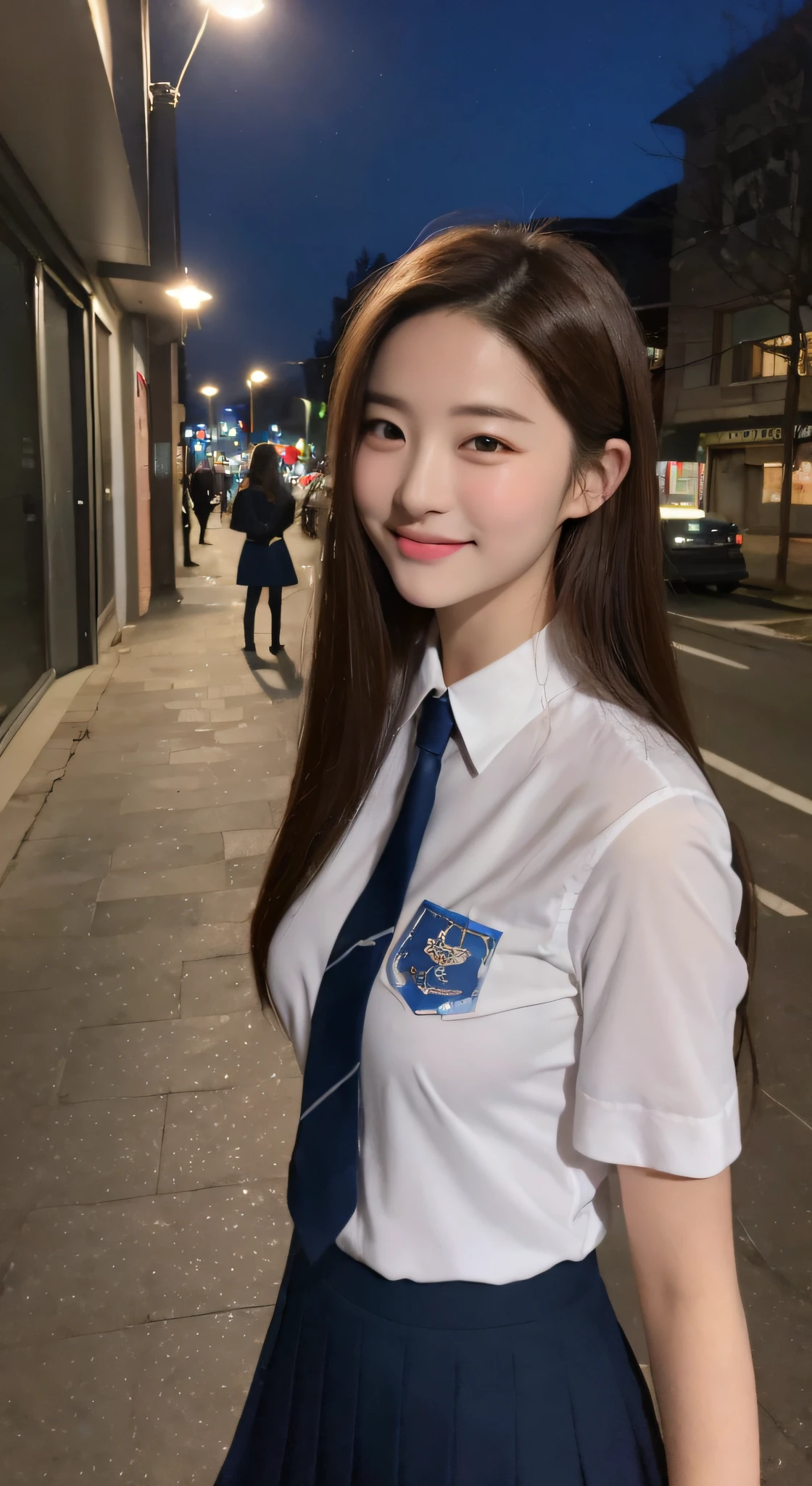 ((Realistic lighting, Bestquality, 8k, MASTERPIECE:1.3)), Sharp Focus:1.2, 1girl, A beauty with a perfect figure:1.4, Slim abs:1.1, ((Dark Brown Hair)), (school uniforms:1.4),(out door,at nighttime:1.1),City street,Ultra-fine face,Fine eyes,Double eyelidd,Pretty Smile closed mouth very thin lips, normal boobs, 16 years old, detailed smile don't show teeth