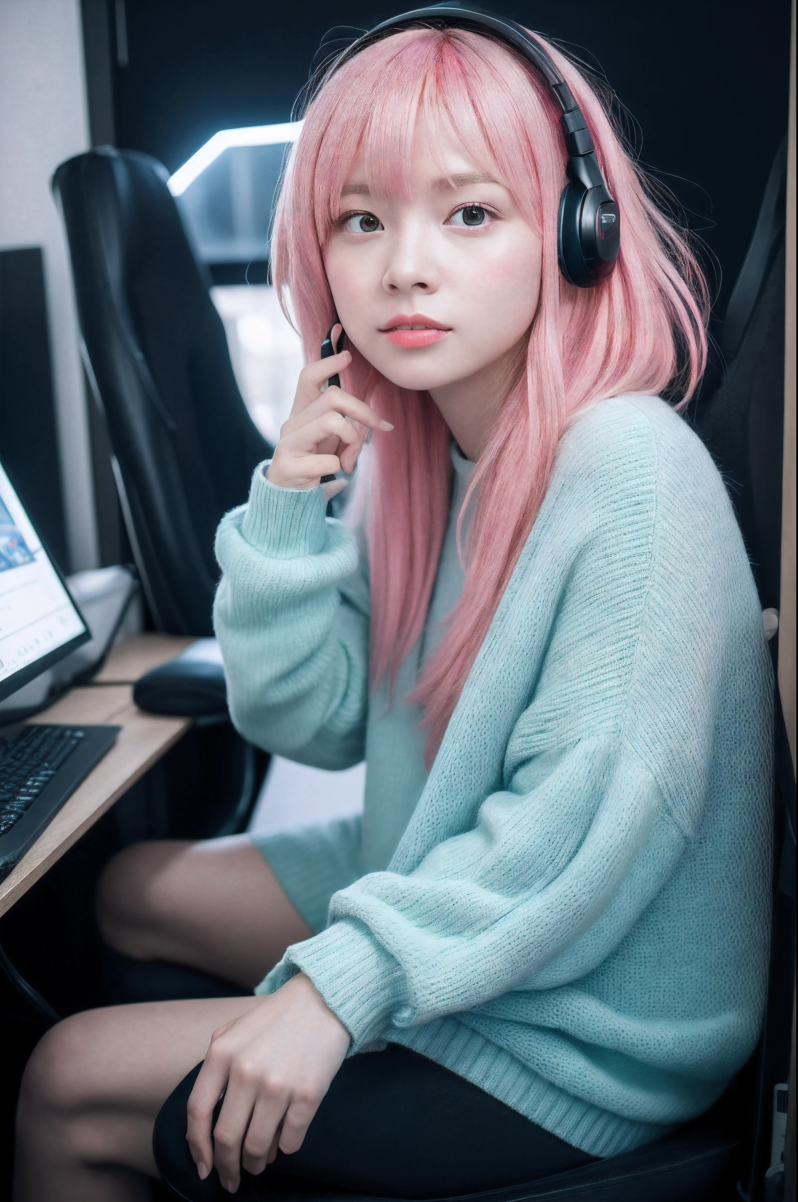 (8k,RAW portrait of girl,80mm,ultra high res,best quality,japanese girl,idol,cute,playing a game on one's PC,gamer,sitting on gaming chair,wearing headset,holding game controler(darkened room:1.2),oversized t-shirts,sports shorts,(natural skin texture,detailed skin, hyperrealism,ultra sharpness),intricate details,high resolution, natural lighting,:1.1)
sunbeam,annoyed,pink hair,heart-shaped pupils,muscular female,couple,very short hair,dutch angle,stage lights,vampire,messy hair,looking up,portrait,woman,v-shaped eyebrows,sweater,hime cut,hair over one eye,
colorfull,sunset,vivid,violet,red,blue.green,yellow,pink