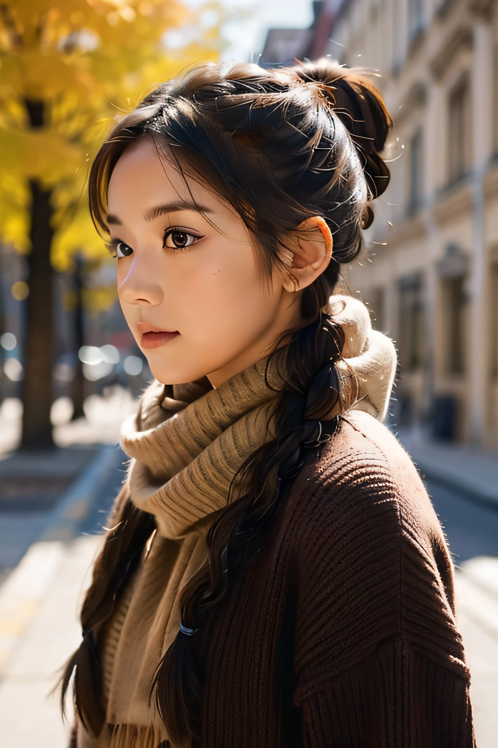 a girl,braided ponytail , side,site,Sweaters, scarves,