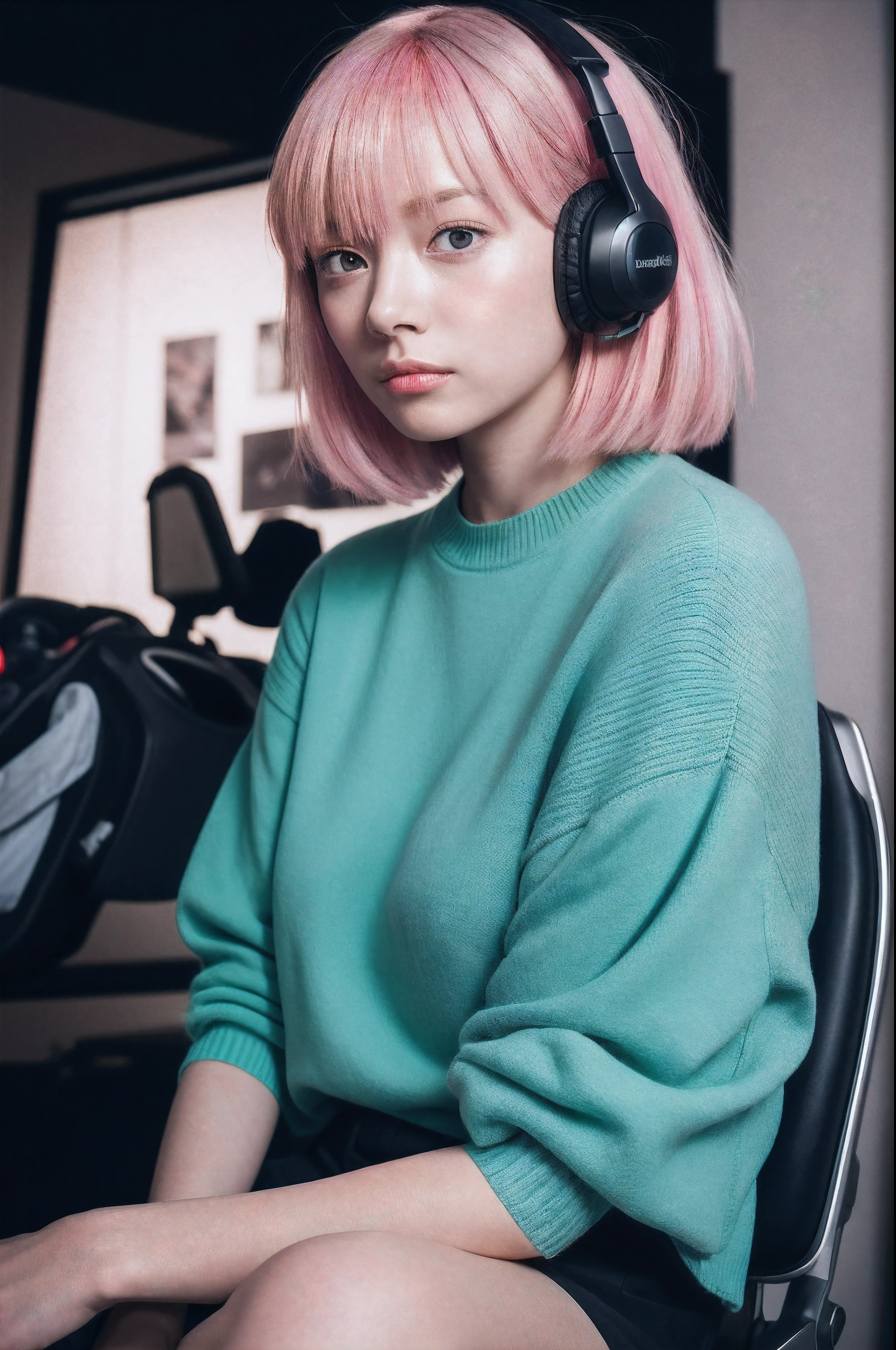 (8k,RAW portrait of girl,80mm,ultra high res,best quality,japanese girl,idol,cute,playing a game on one's PC,gamer,sitting on gaming chair,wearing headset,holding game controler(darkened room:1.2),oversized t-shirts,sports shorts,(natural skin texture,detailed skin, hyperrealism,ultra sharpness),intricate details,high resolution, natural lighting,:1.1)
sunbeam,annoyed,pink hair,heart-shaped pupils,muscular female,couple,very short hair,dutch angle,stage lights,vampire,messy hair,looking up,portrait,woman,v-shaped eyebrows,sweater,hime cut,hair over one eye,
colorfull,sunset,vivid,violet,red,blue.green,yellow,pink