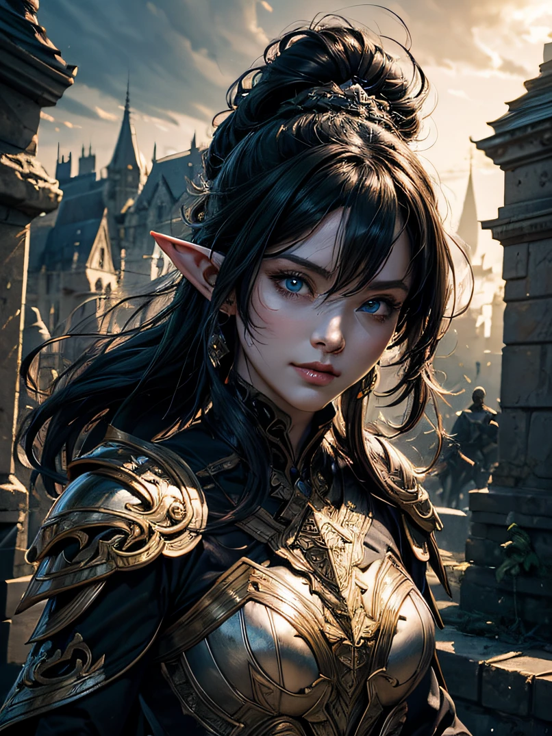 top-quality、Ultra-detailed、Cinematic lighting、Unique lighting effects、4/5 shots、Portrait of beautiful 30 year old female elf、Environments with complex details、Elegant person、Graceful aura、Elaborate patterns that blend fantasy and modernity、Black cloak of flowing fabric、Richly textured black leather armor and leggings、Black knight armor with delicate carving、Knight's helmet、battle posture、Dynamic action、Brandishing a sword、Multiple enemy soldiers attacking the background、Burning cityscape and medieval castle、Mystical atmosphere filled with magical elements、Dynamic lighting with vibrant colors、Detailed background depiction、Deep sense of depth、Depth and mood、Slender figure、A dark-haired、Hairstyle Ponytail、Seductive blue eyes、Sharp eyes、hyperdetailed face、Detailed eyes、Detailed hand depiction、Detailed foot depiction