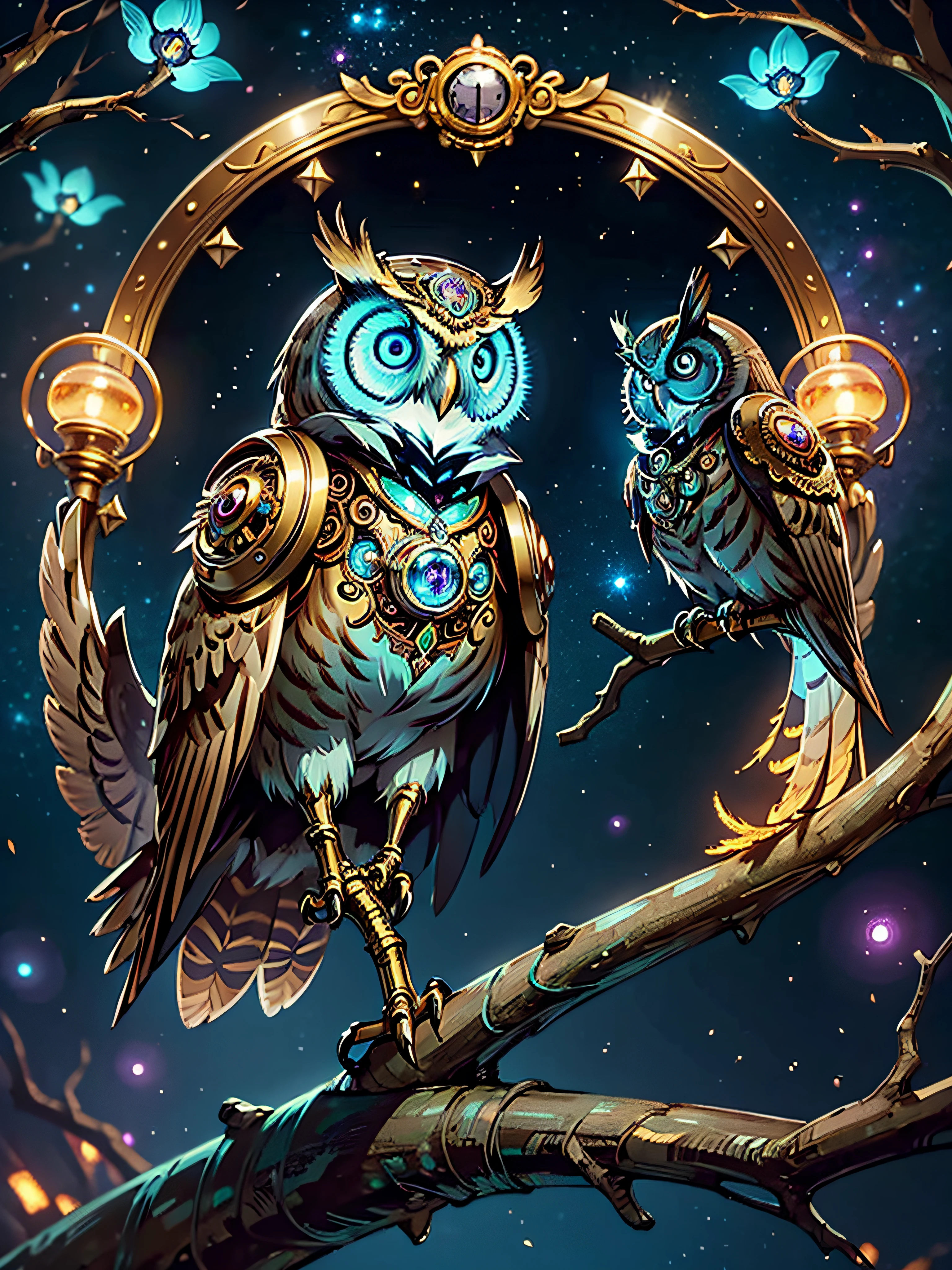 (masterpiece, high quality),
concept art of a beautiful ornate mechanical steampunk owl, looking at viewer,
anime owl, sitting on a tree branch,
extremely detailed eyes,
dark nebula bioluminescence sky, (3d style:0.5), bokeh,
ultra realistic, sharp focus, intricate, sharp details, highly detailed, rich color, 8K,