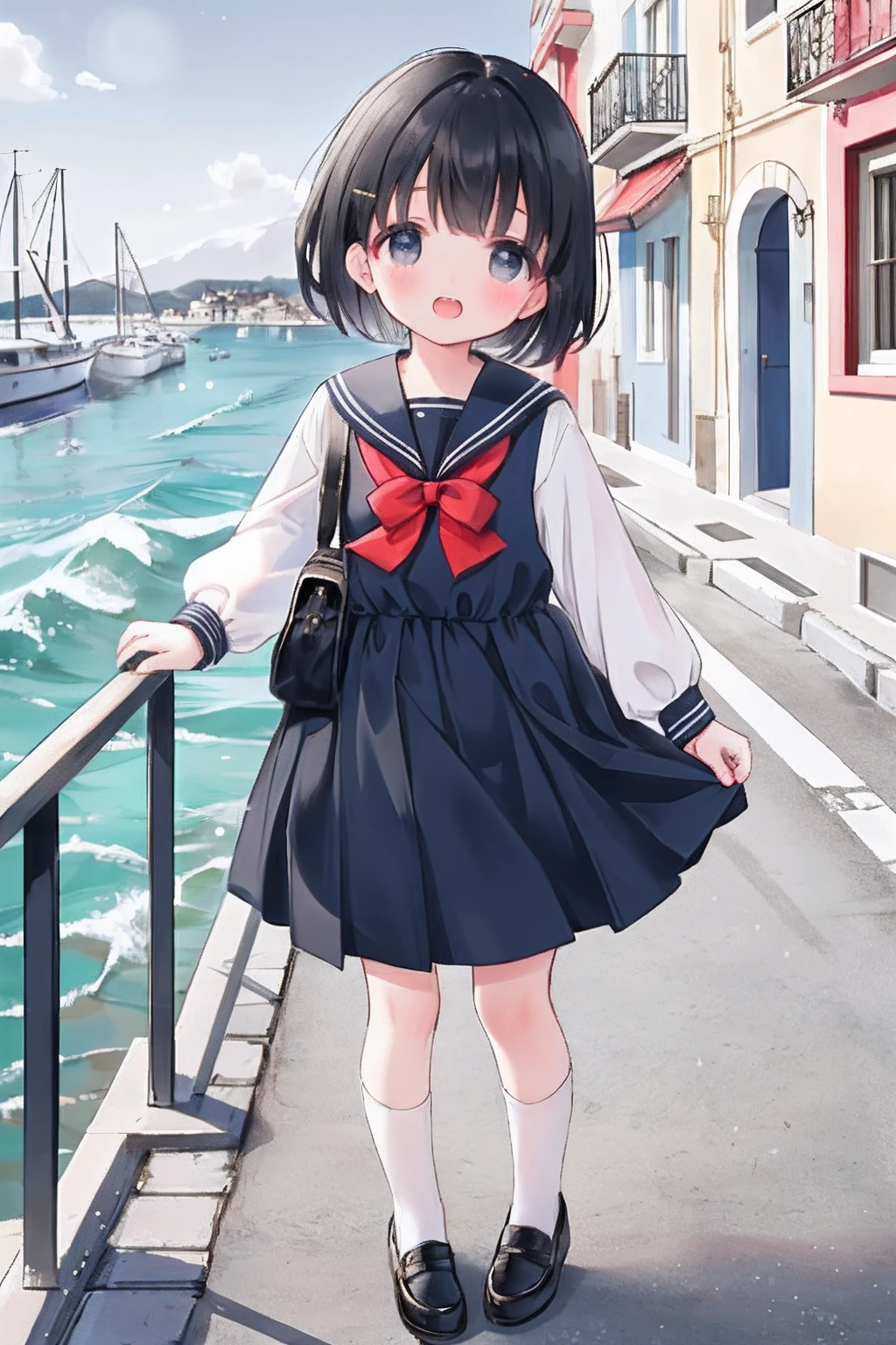 cute girl standing in a Mediterranean port town street,wind, short black hair, black eyes, sailor unifrom, serafuku, white shirt with blue sailor collar with red bow, blue dress, (white thighhigh), black shoes, blue sky, laugh,double tooth, wink, looking at viewer, lens flare,dramatic, coastal