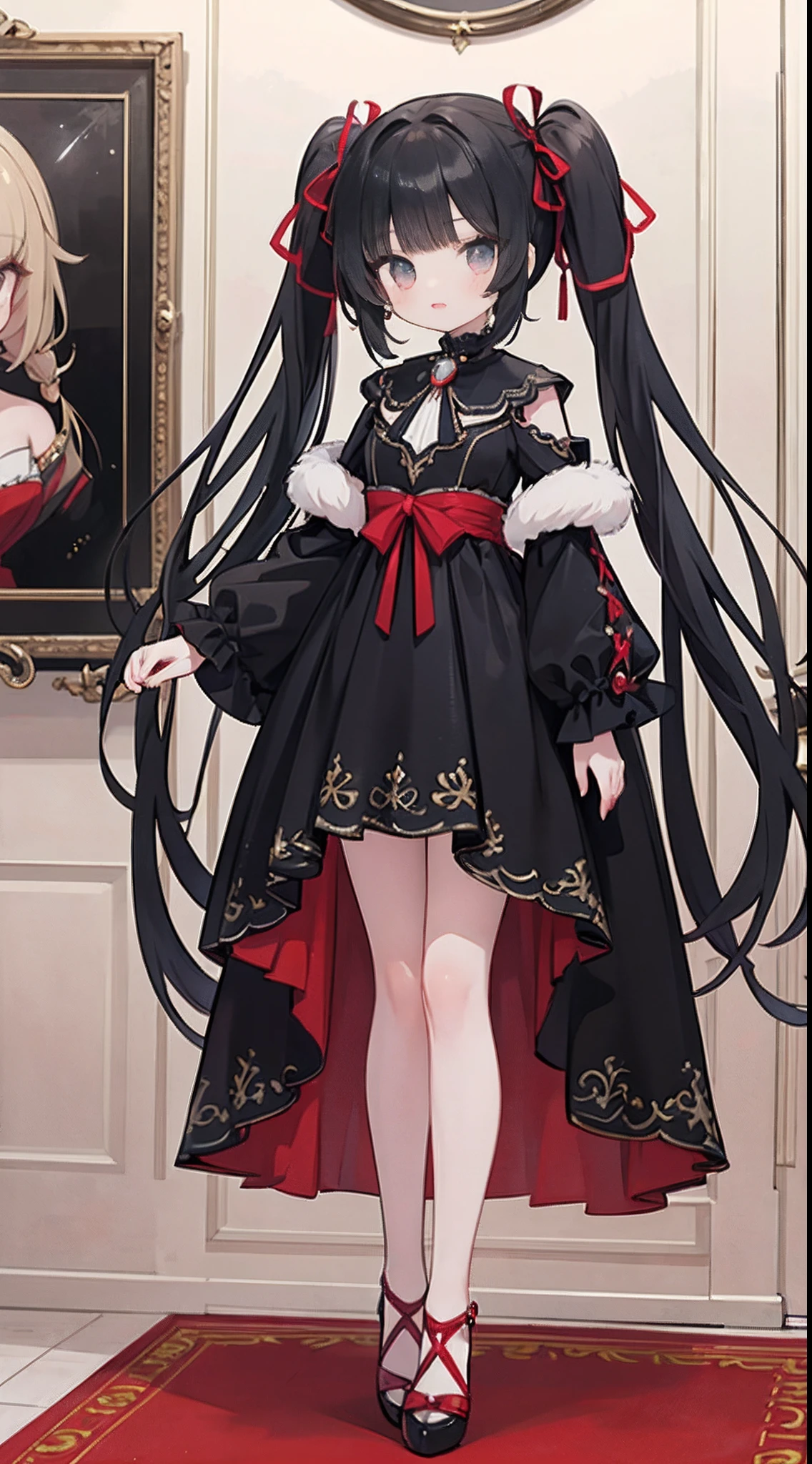 1girll,Transcendent Beautiful Girl、Precise face、Fluffy long black hair,(Half Twin Tail),Red colored eyes,Black and red luxury dresses,((Inside the rich and noble house)),full body standing painting,Ultra-detailed CG,Exquisite facial features,Clear facial expressions,Detailed Digital Anime Art,digital anime art,High quality anime art style