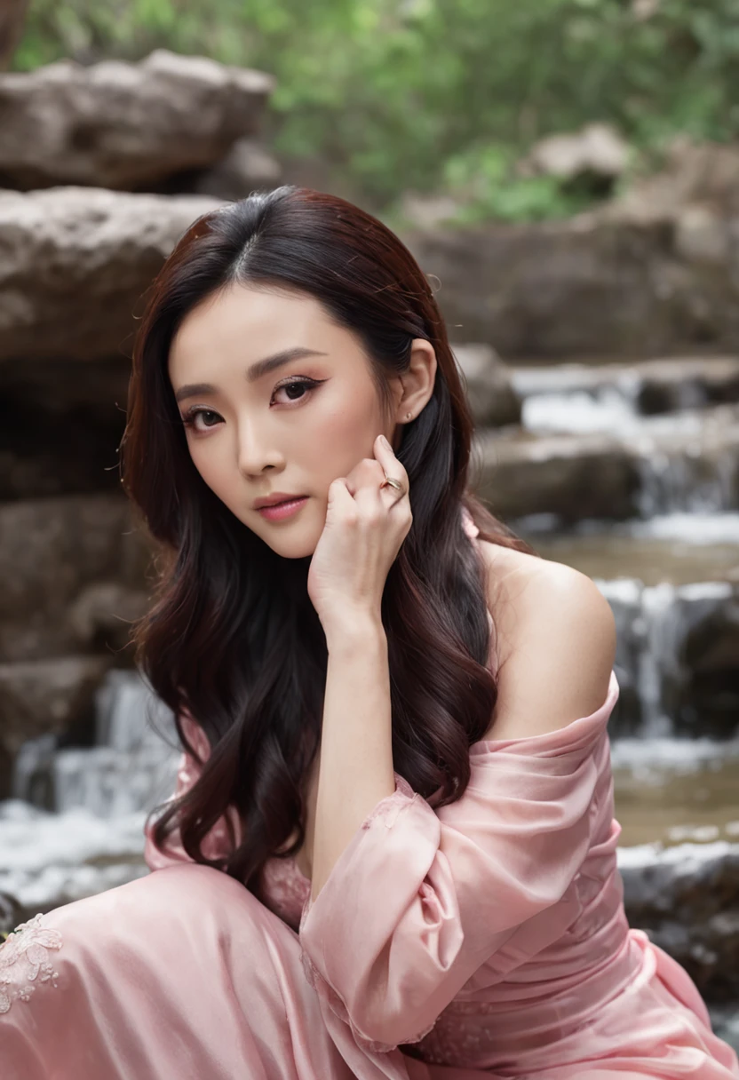 actress Fan Bingbing in a pink dress laying in a stream, sexy girl, Asian girl, with beautiful exotic, beautiful Asian girl, Chinese girl, next to a waterfall, gorgeous Chinese model, jaw-dropping beauty, 40 years old, 40 yo, beautiful Asian woman, 40 years old, very seductive pose, 40 years old, Asian woman.