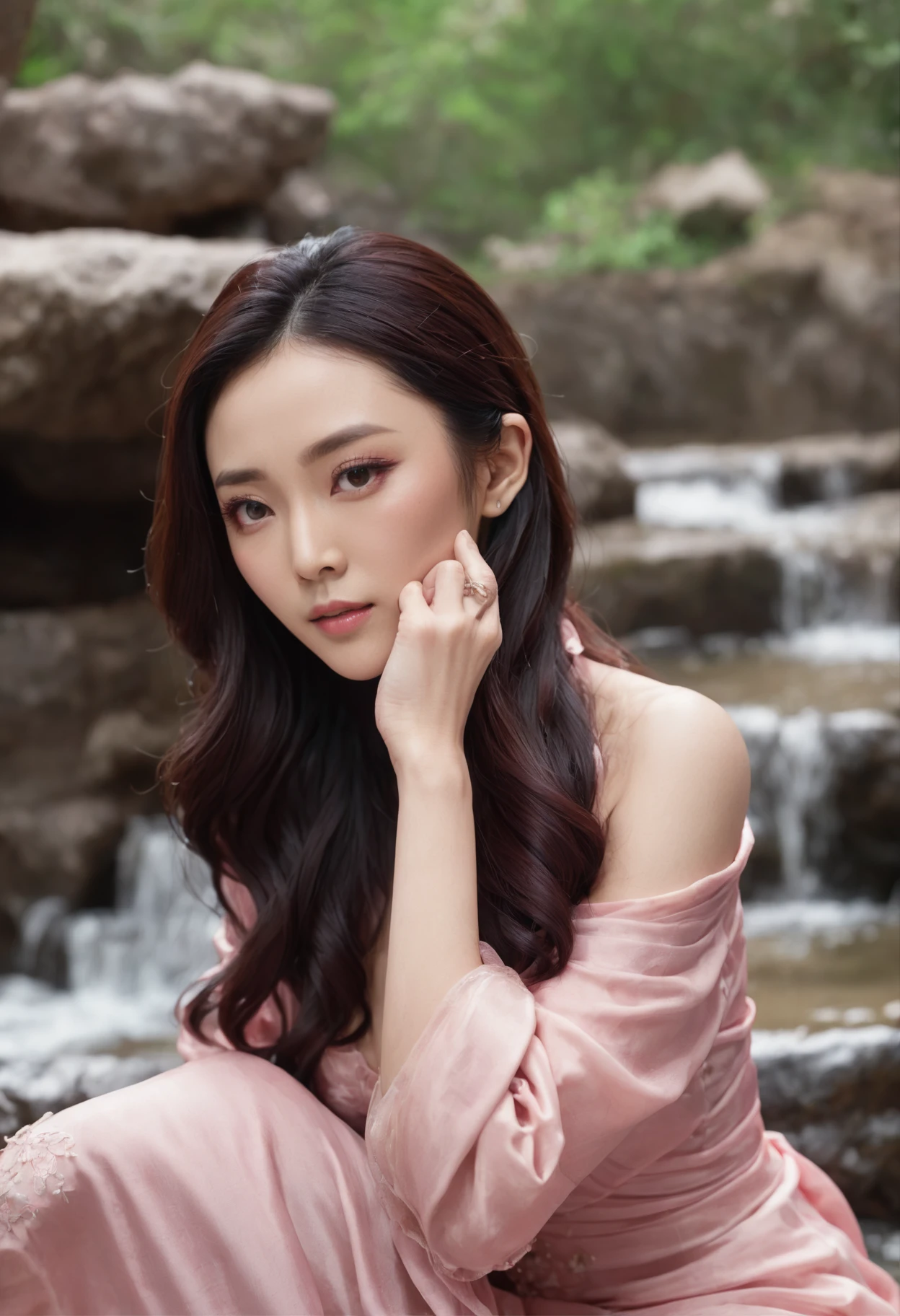 actress Fan Bingbing in a pink dress laying in a stream, sexy girl, Asian girl, with beautiful exotic, beautiful Asian girl, Chinese girl, next to a waterfall, gorgeous Chinese model, jaw-dropping beauty, 40 years old, 40 yo, beautiful Asian woman, 40 years old, very seductive pose, 40 years old, Asian woman.