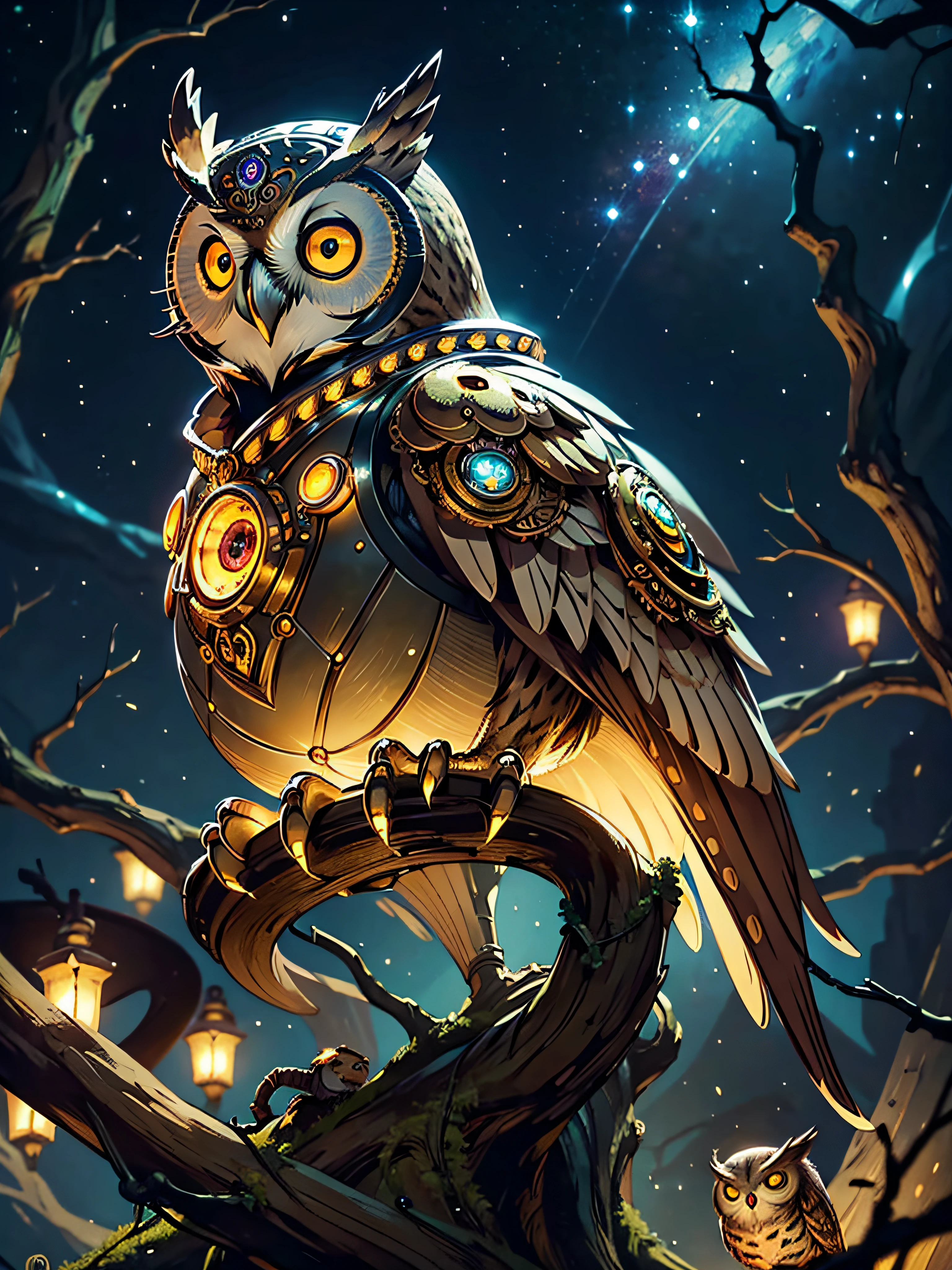 (masterpiece, high quality),
concept art of a beautiful ornate mechanical steampunk owl, looking at viewer,
anime owl, sitting on a tree branch,
extremely detailed eyes,
dark nebula bioluminescence sky, (3d style:0.5), bokeh,
ultra realistic, sharp focus, intricate, sharp details, highly detailed, rich color, 8K,