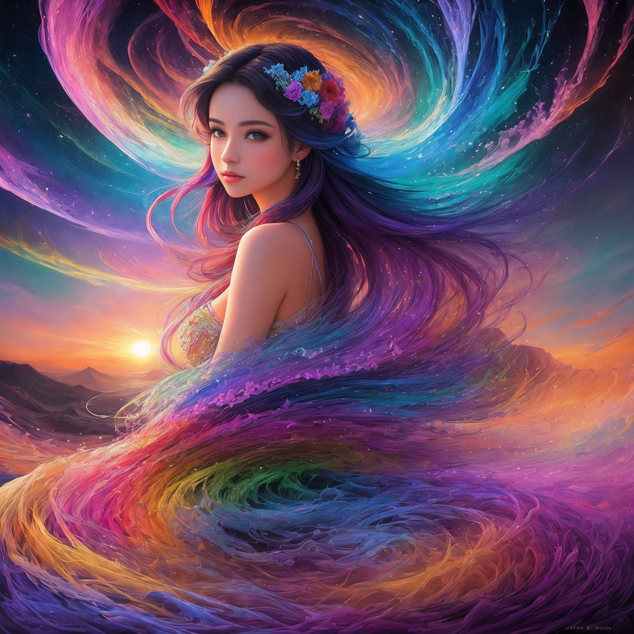 create a vibrant and detailed digital painting of a stunning woman immersed in a fantastical world bursting with color and life. The woman should possess delicate and ethereal features, radiating a timeless beauty that captivates all who gaze upon her. Use a mesmerizing array of vivid hues to bring her to life, with her hair flowing gracefully like ribbons of brilliant sunset, cascading into a vibrant tapestry of colors. Surround her with a mesmerizing landscape, where fantastical creatures and flora intertwine seamlessly, forming a breathtaking display of artistic imagination. Let each brushstroke be imbued with the essence of vividness, making every inch of the painting a captivating kaleidoscope of hues.