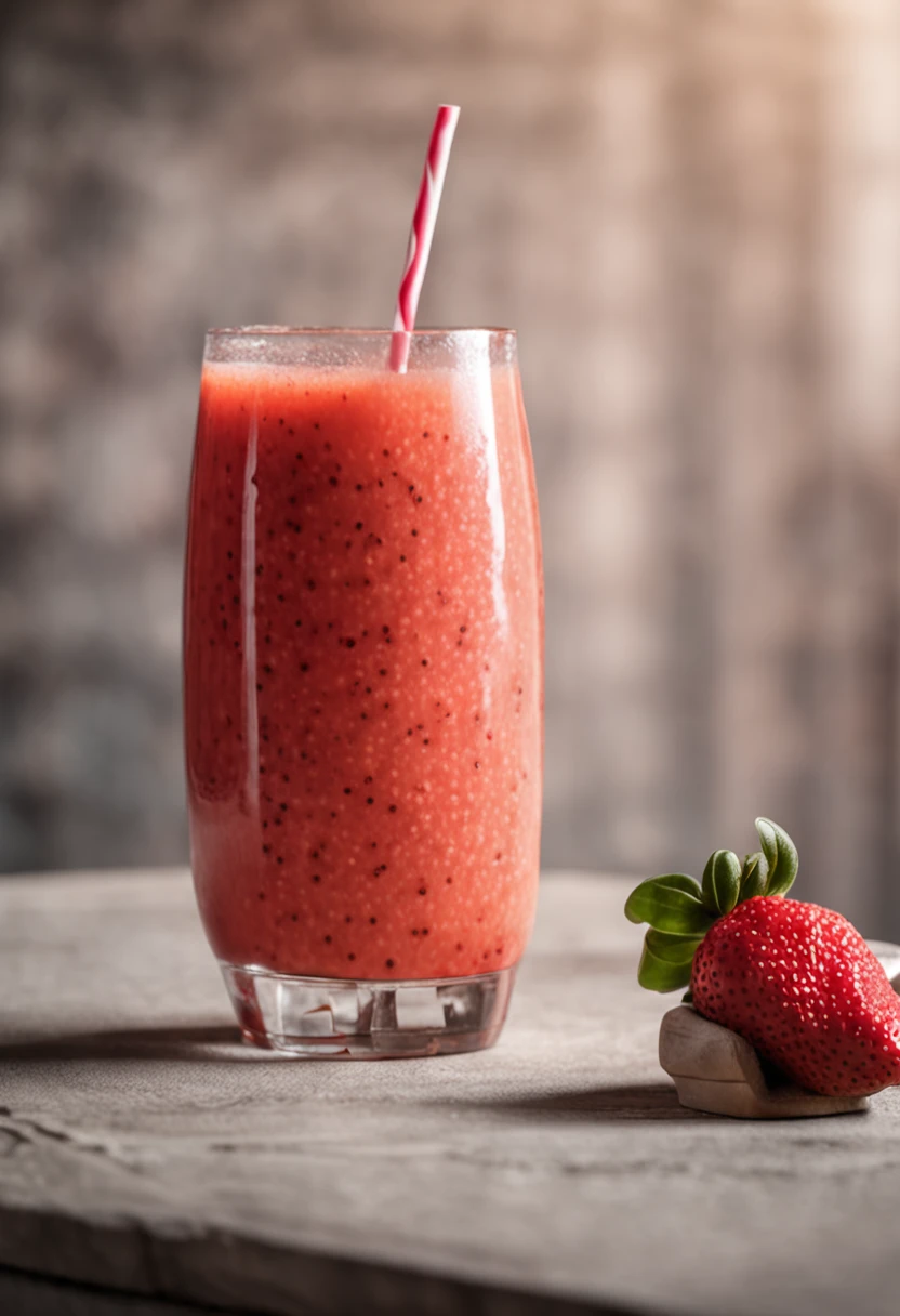 Uma jarra de suco de morango com sementes de linaza espalhadas ao redor