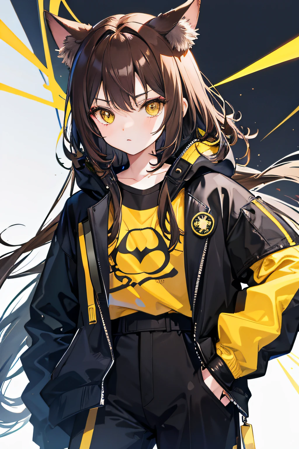1girl，cat ear，Brown hair，Yellow sweatshirt，Black pantsuit，cruel，style of anime，High quality anime art
