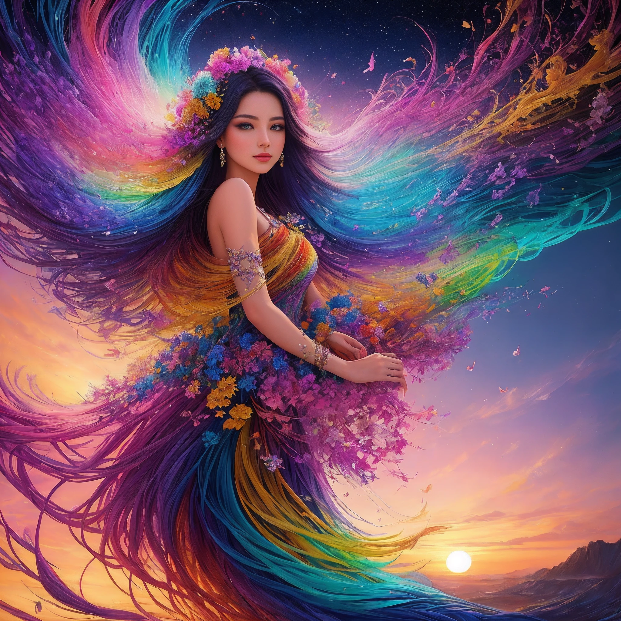 create a vibrant and detailed digital painting of a stunning woman immersed in a fantastical world bursting with color and life. The woman should possess delicate and ethereal features, radiating a timeless beauty that captivates all who gaze upon her. Use a mesmerizing array of vivid hues to bring her to life, with her hair flowing gracefully like ribbons of brilliant sunset, cascading into a vibrant tapestry of colors. Surround her with a mesmerizing landscape, where fantastical creatures and flora intertwine seamlessly, forming a breathtaking display of artistic imagination. Let each brushstroke be imbued with the essence of vividness, making every inch of the painting a captivating kaleidoscope of hues.