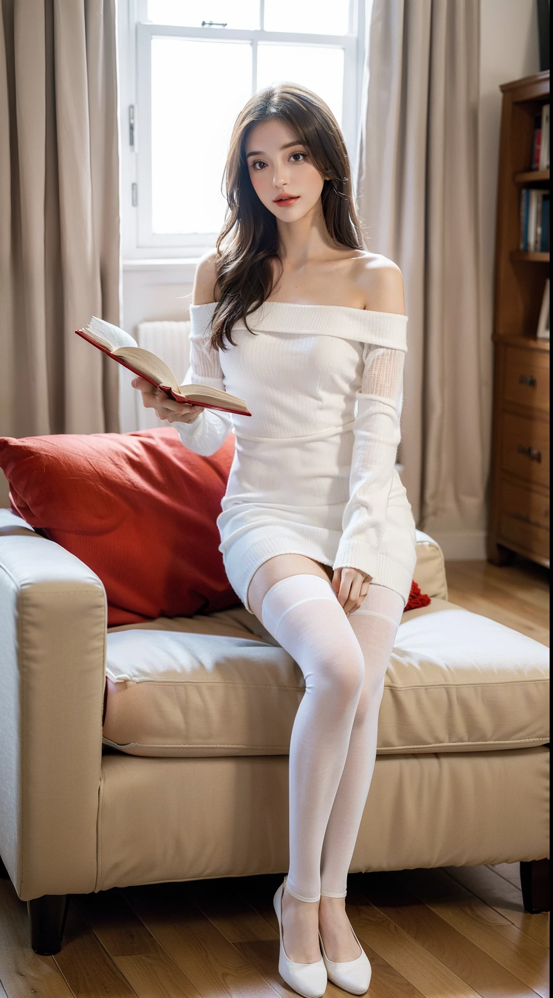 best qualtiy, Full body like,Refined face,pretty face,25 years old woman,slimfigure,Smaller bust,Red off-the-shoulder top,Short white dress,White mesh stockings,Indoor study,Sit Pose,yellow long hair,Reading a book