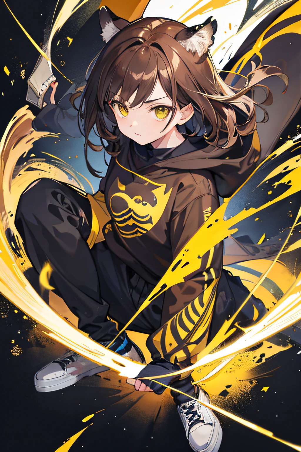 1girl,Cats,【Tiger Tooth】,Brown hair,Yellow sweatshirt,Black pantsuit,style of anime,High quality anime art
