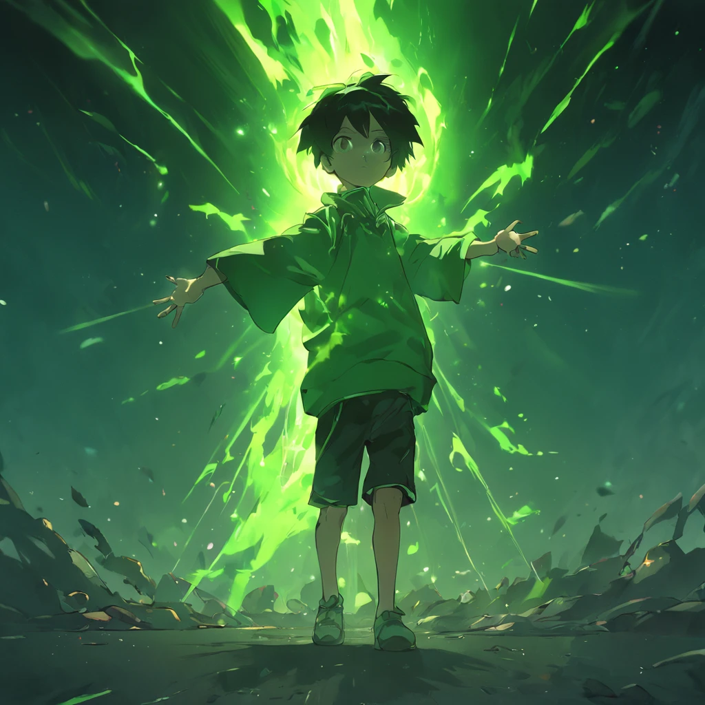 The boy conjuring a green ball of light in his hands, 4k
