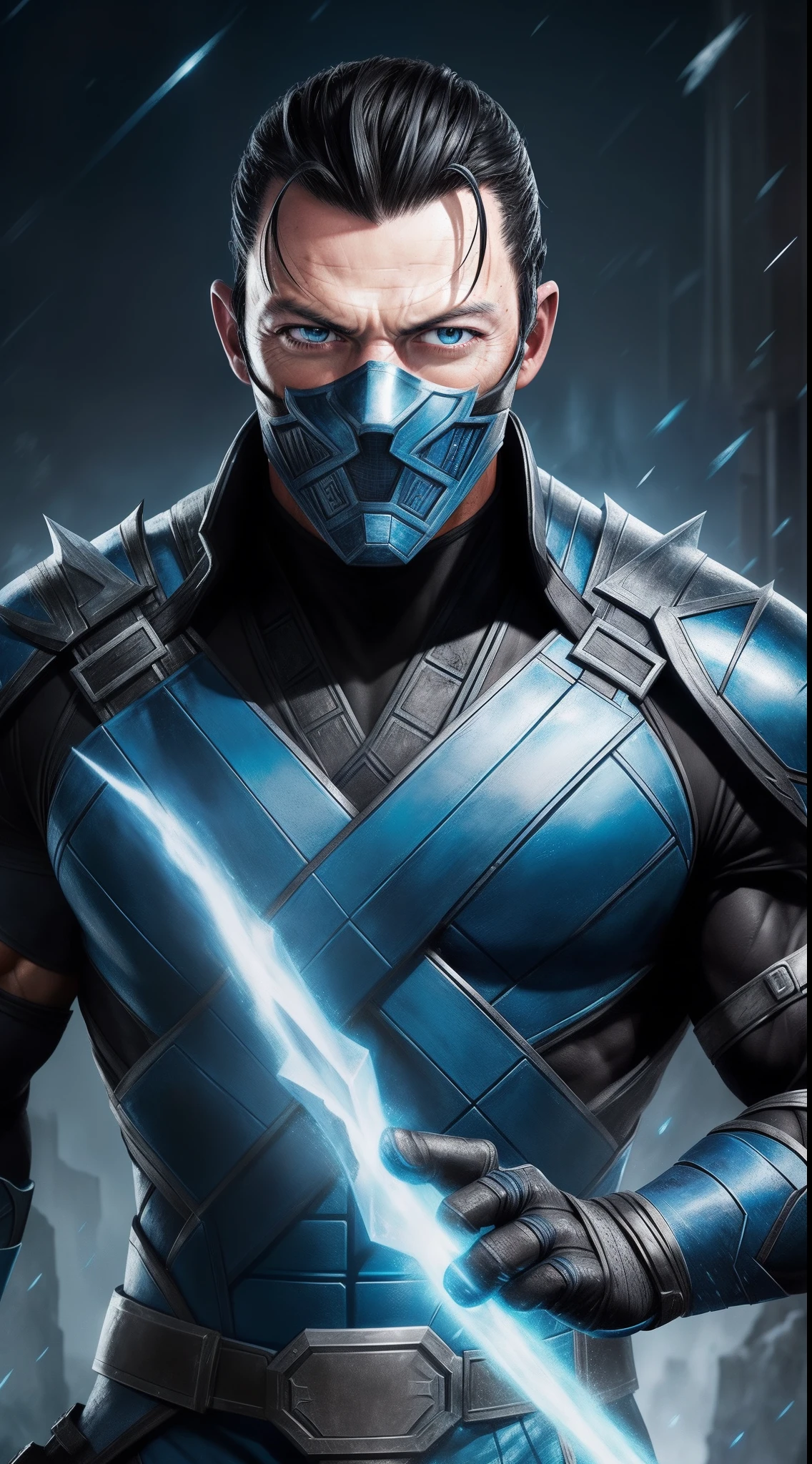 a photo of ((Luke Evans)) as Sub-Zero from Mortal Kombat, short hair, blue and black ninja outfit, ninja mask, (ice), cold, Intricate, High Detail, Sharp focus, dramatic, photorealistic painting art by greg rutkowski