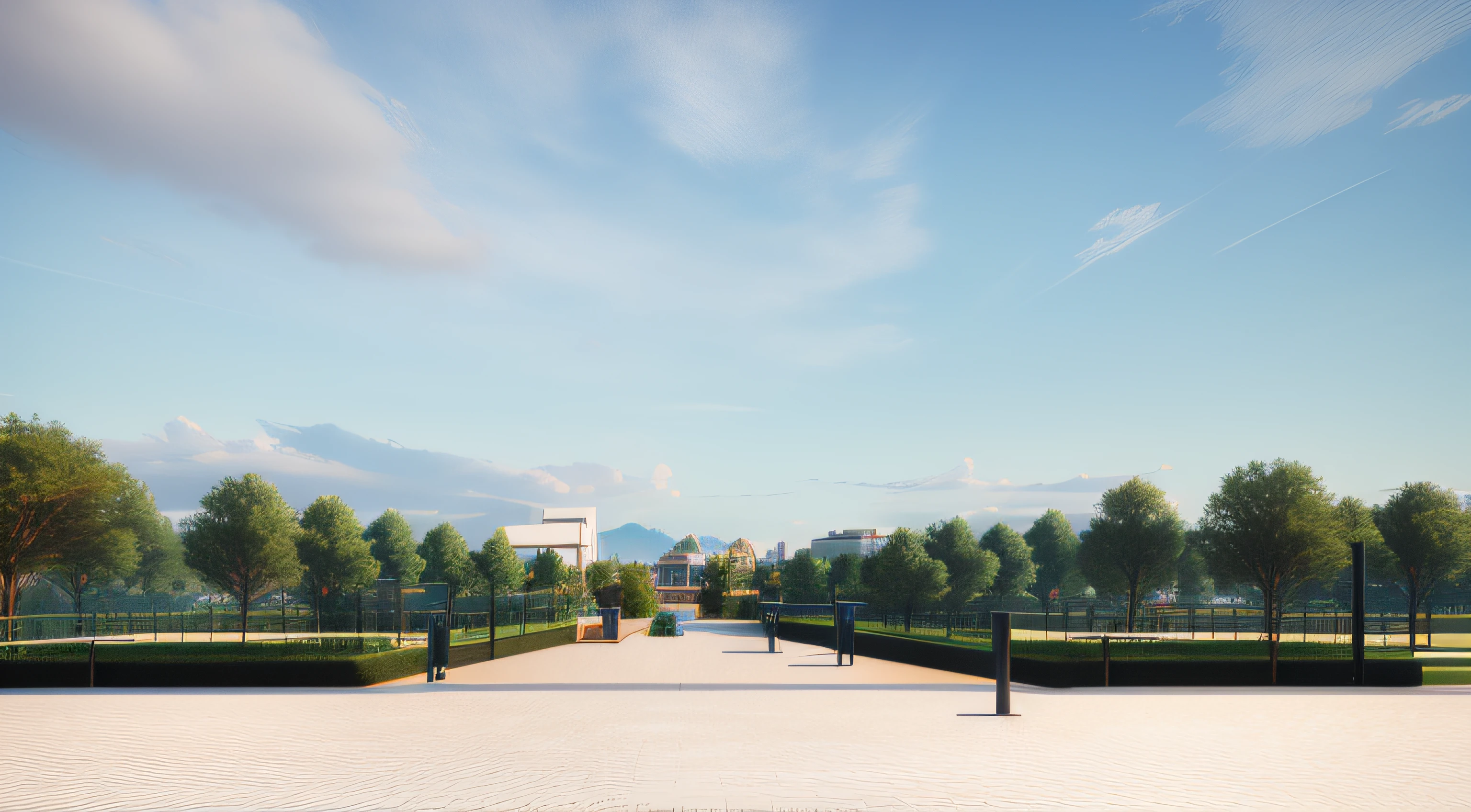 There is a walkway leading to the white-roofed building, highly photographic render, photographic render, landscape perspective, Rendered in Lumion Pro, Detailed rendering, lumion render, archviz, enscape render, highly detailed render, detailed render, fully detailed render, lumion rendering, photoreal render, professional render, A digital rendering, Photorealistic rendering,Two-dimensional sky,quadratic element,